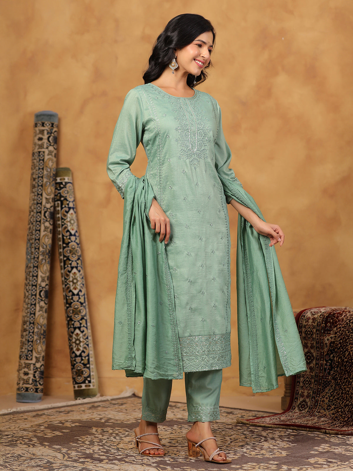 Pista green silk kurti set with sequins work