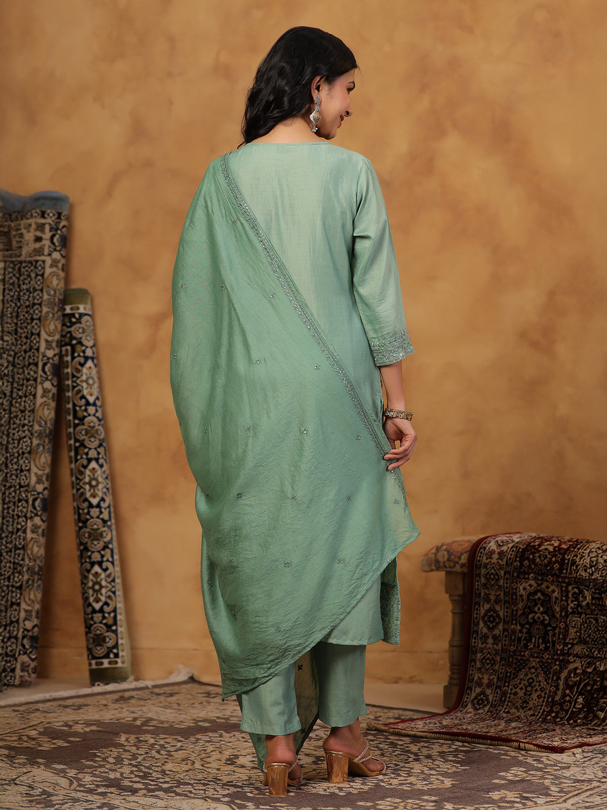 Pista green silk kurti set with sequins work