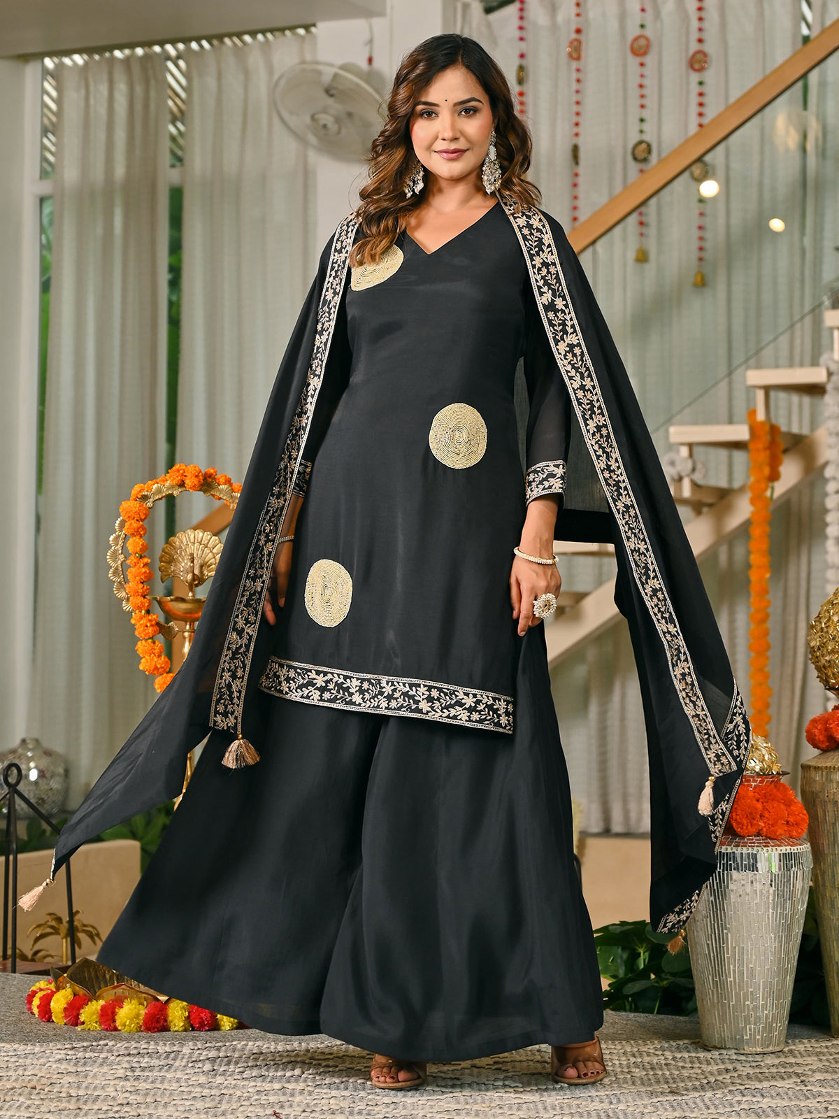 Black silk embroidered palazzo set
