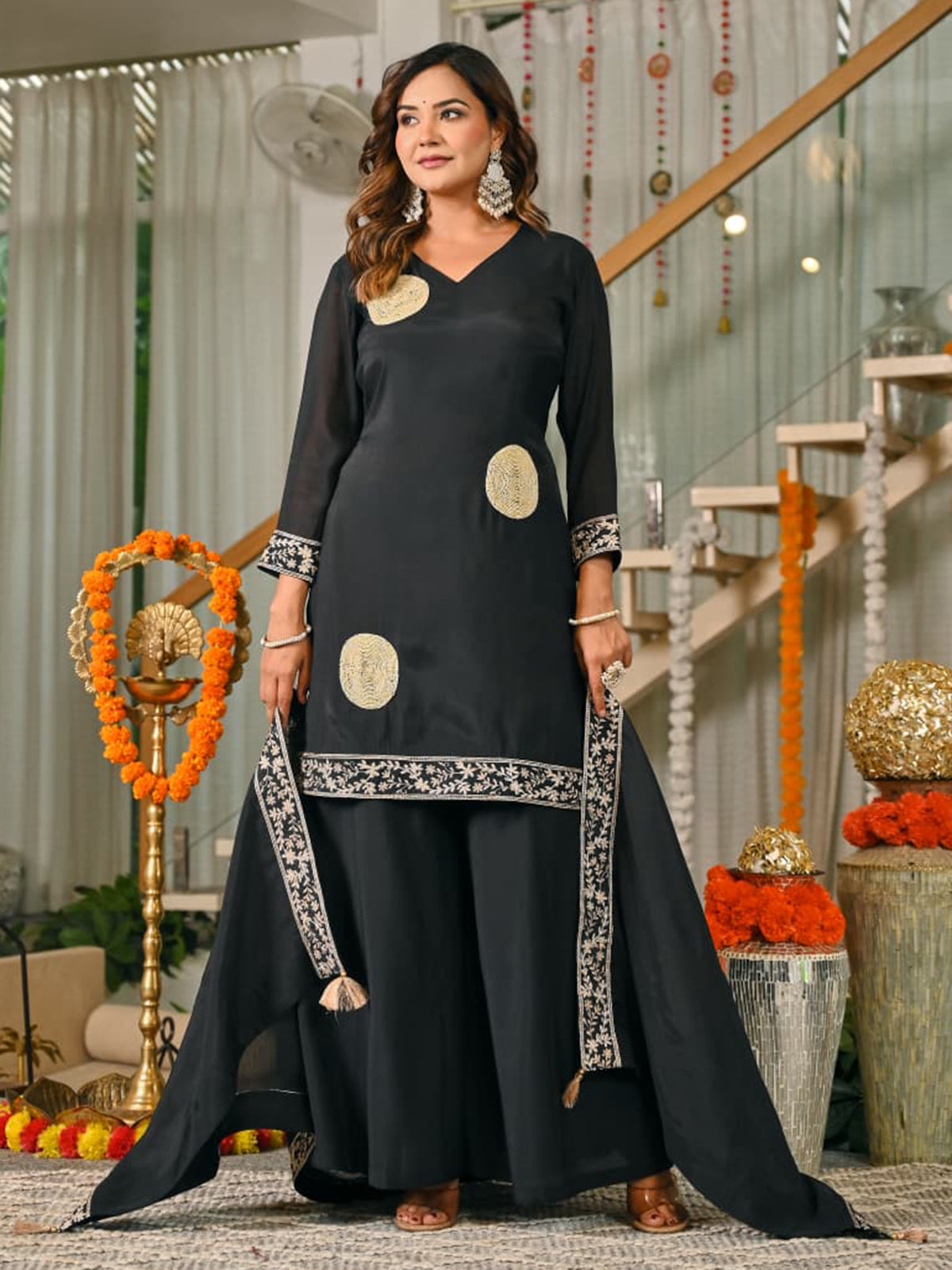 Black silk embroidered palazzo set