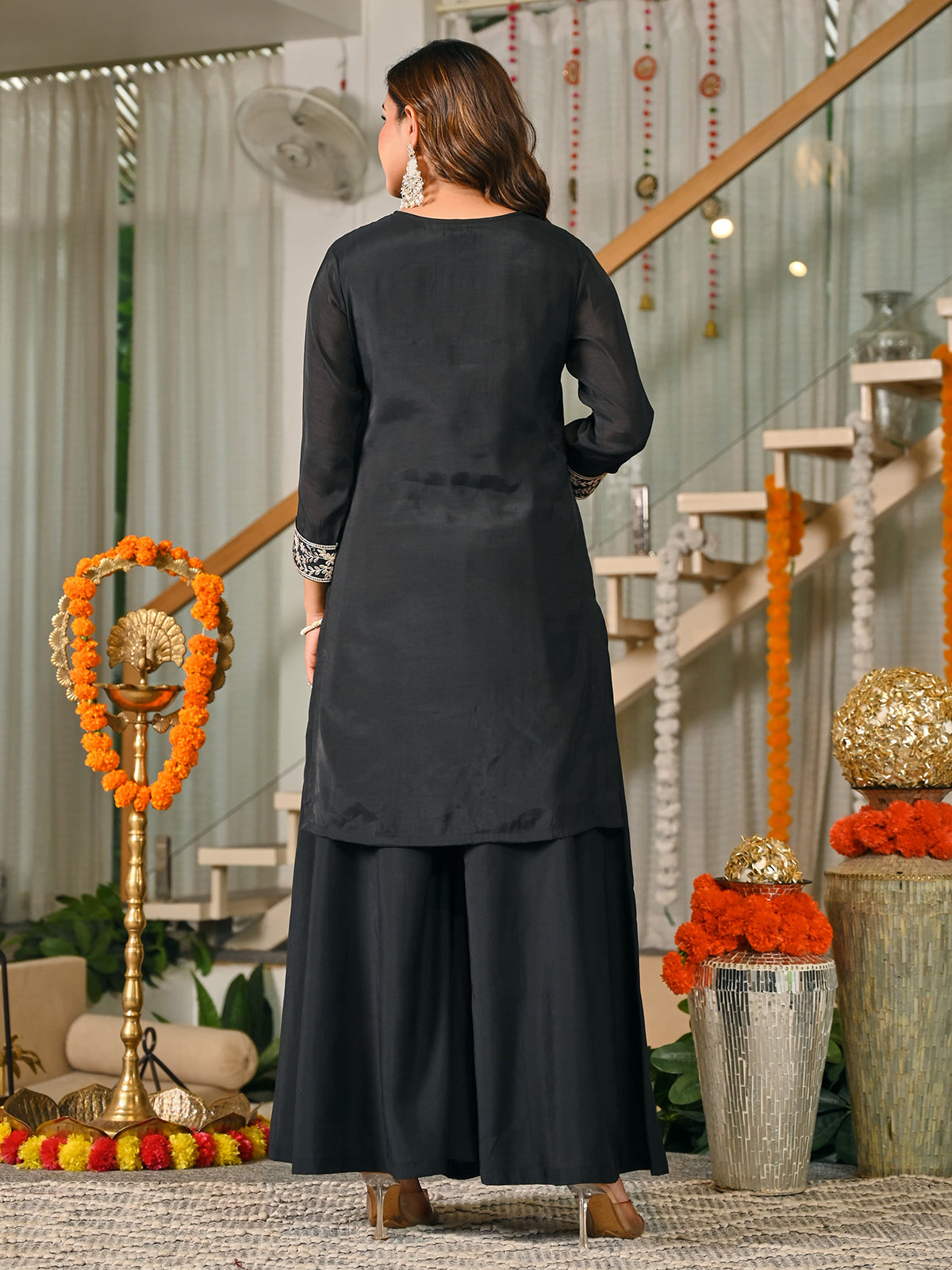 Black silk embroidered palazzo set