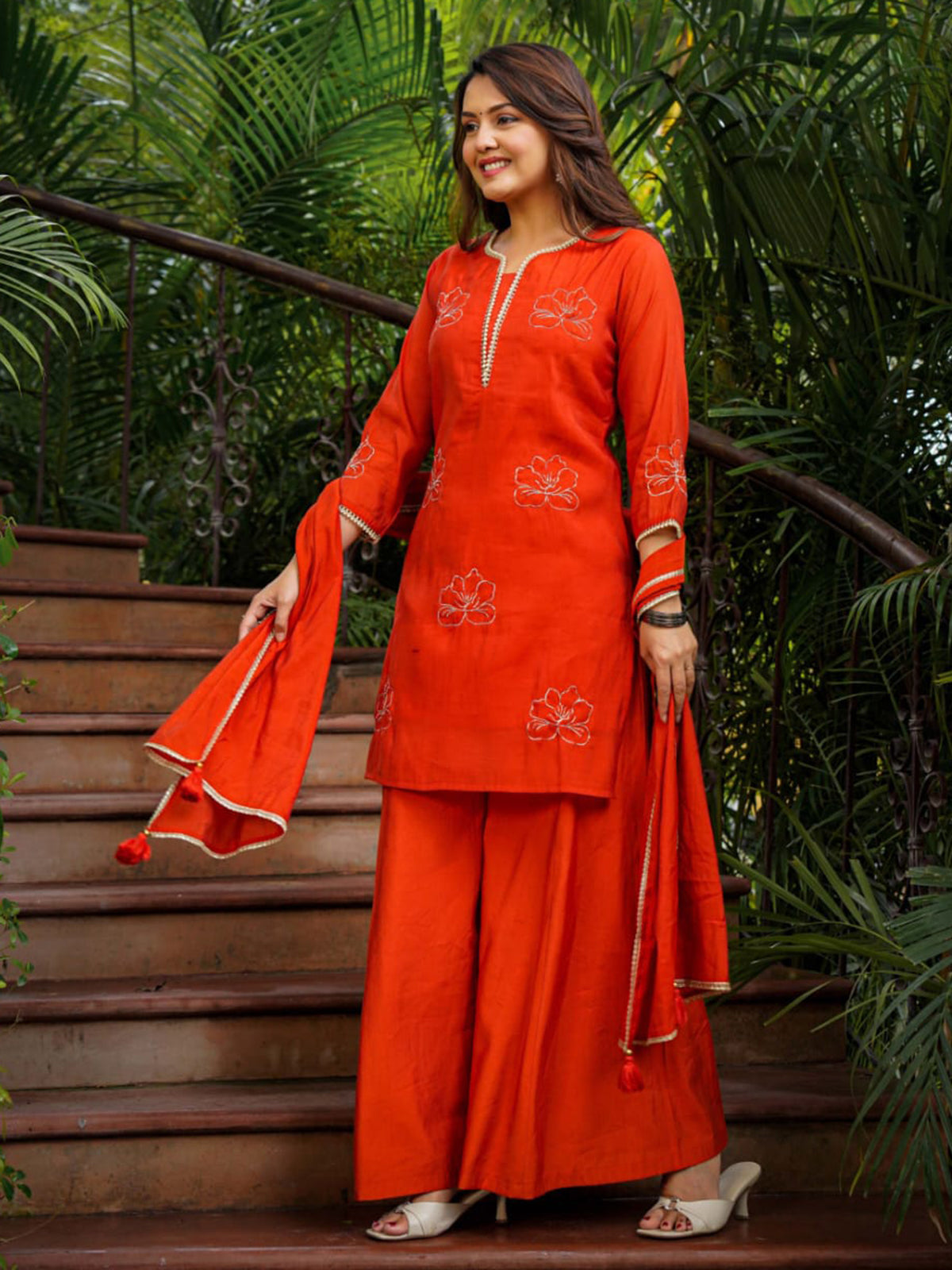 Orange cotton silk palazzo set with dupatta