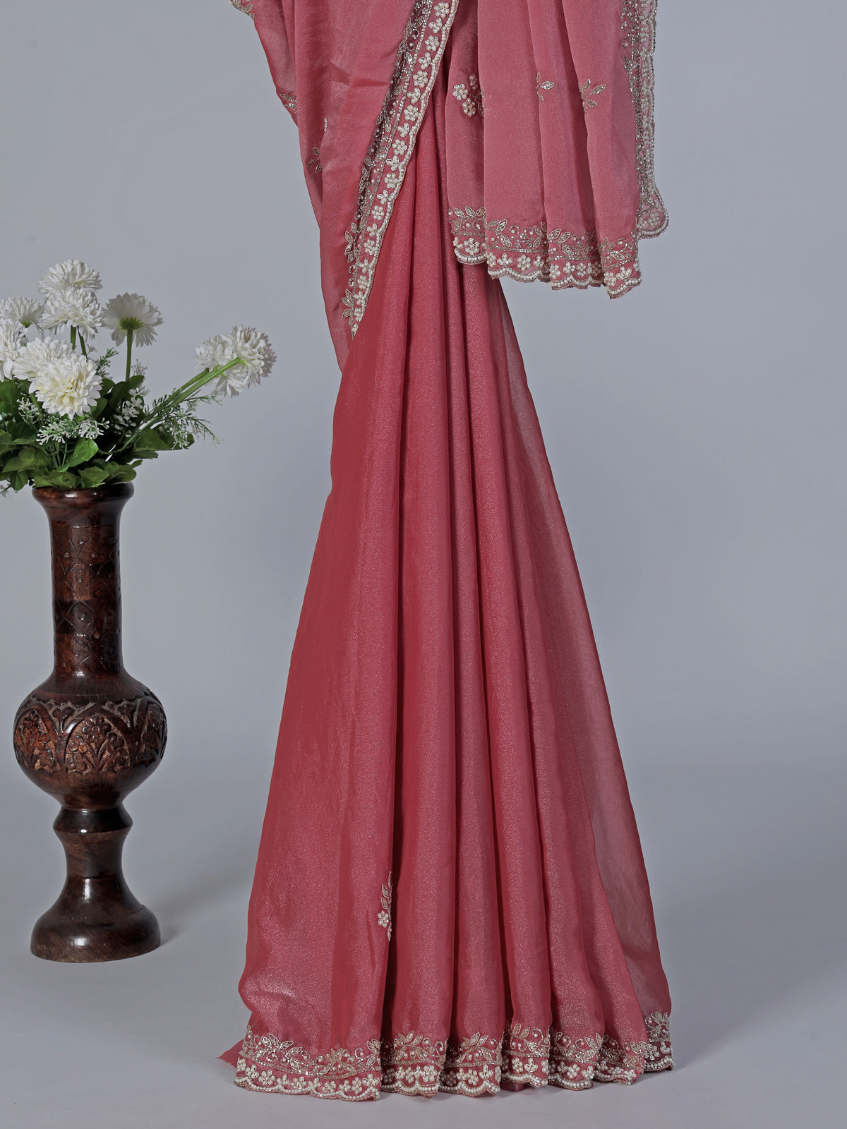 Onion pink tissue silk saree with cutdana and zardosi work