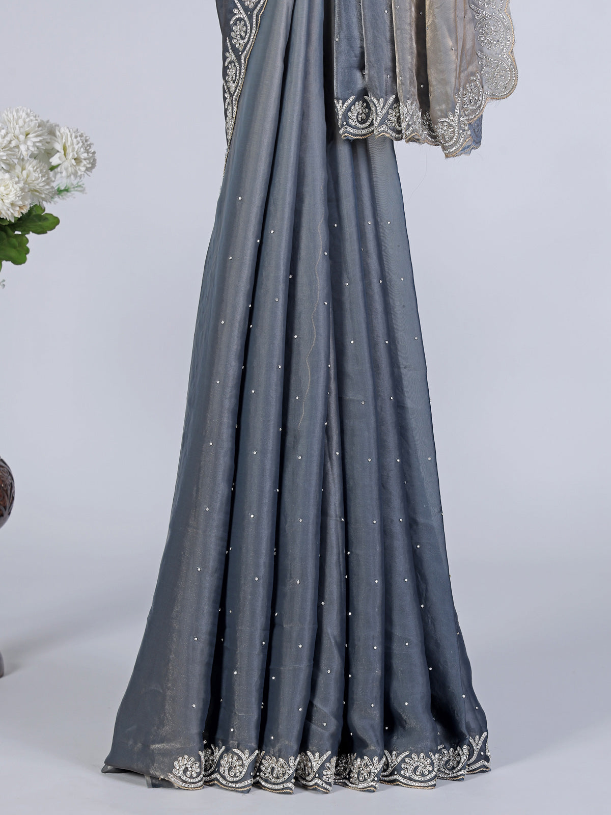 Dark grey semi tissue silk saree with diamond zardosi design