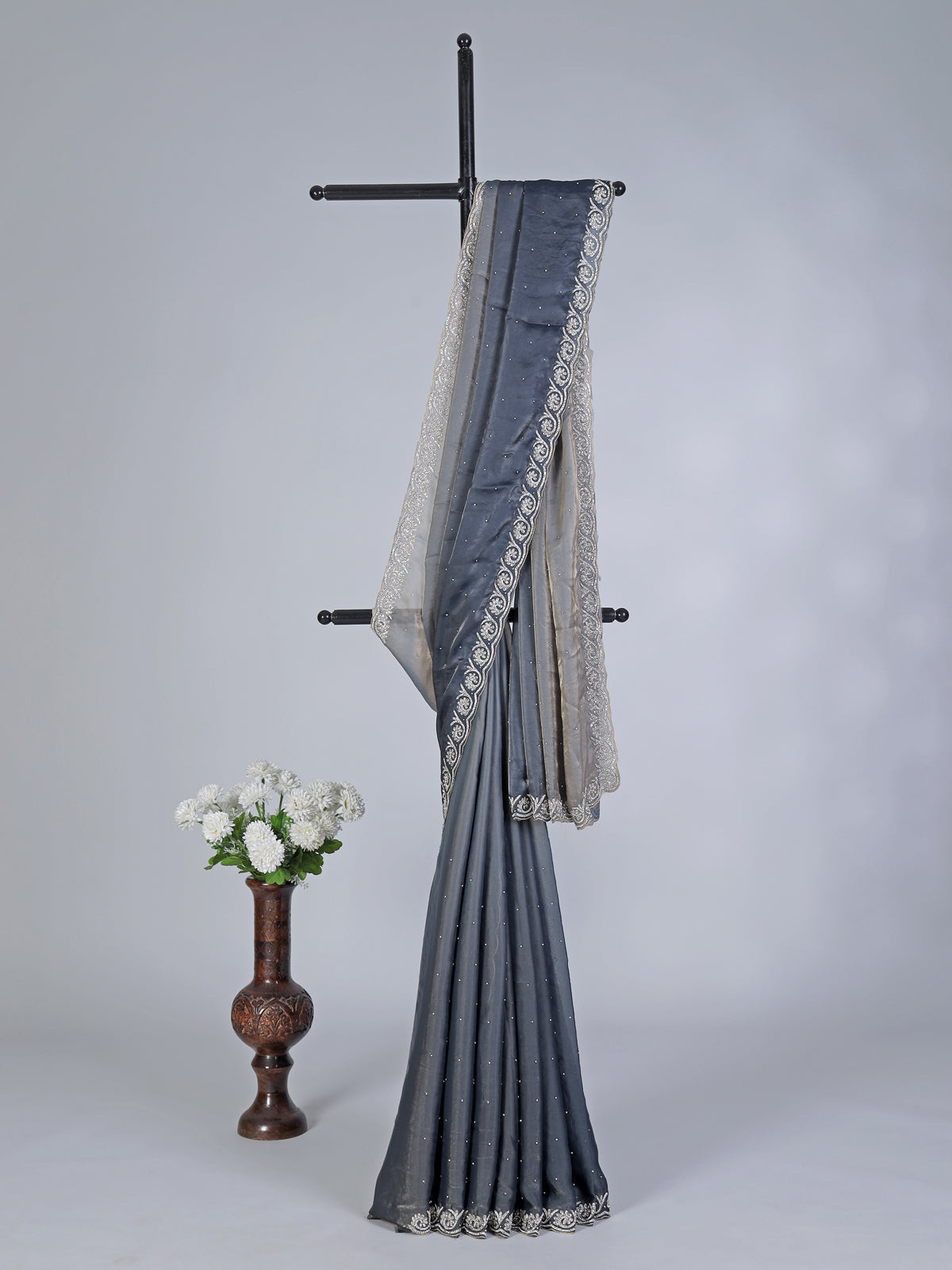 Dark grey semi tissue silk saree with diamond zardosi design