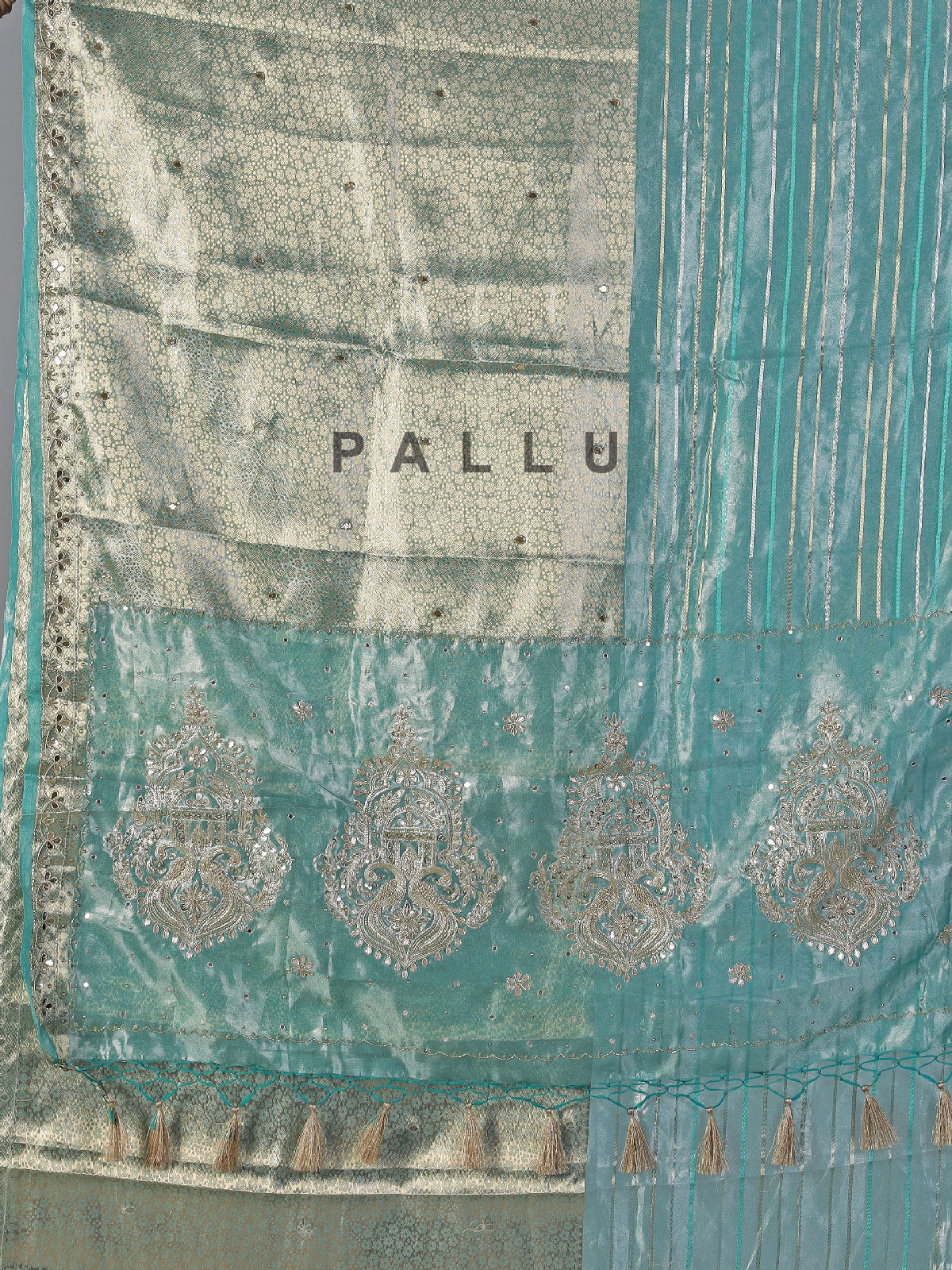 Aqua organza tissue silk saree with luxury detailing
