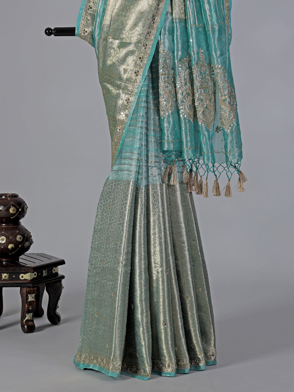 Aqua organza tissue silk saree with luxury detailing