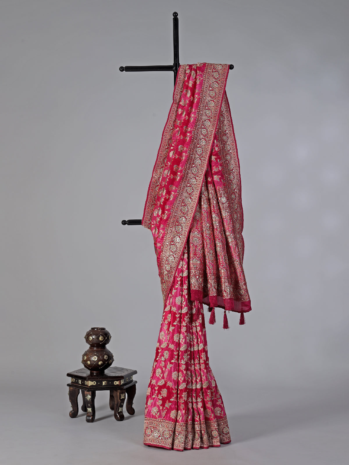 Rani pink satin silk saree with elegant gota and zardosi work
