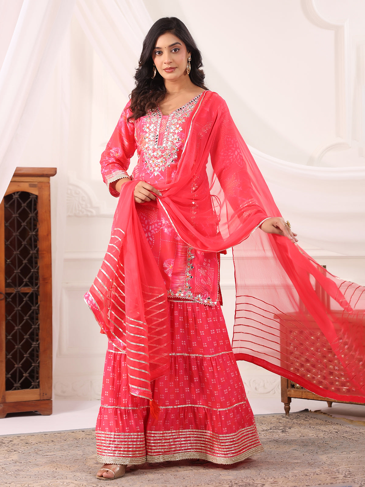 Pink cotton silk printed festive sharara set