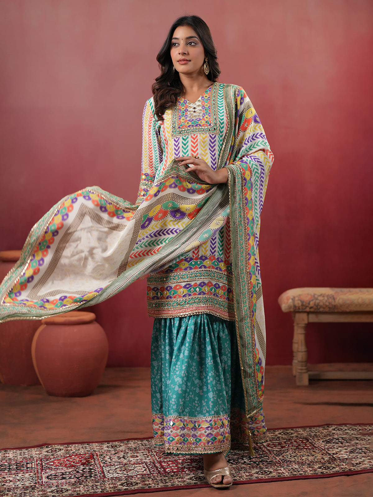 Light blue silk yoke style sharara set
