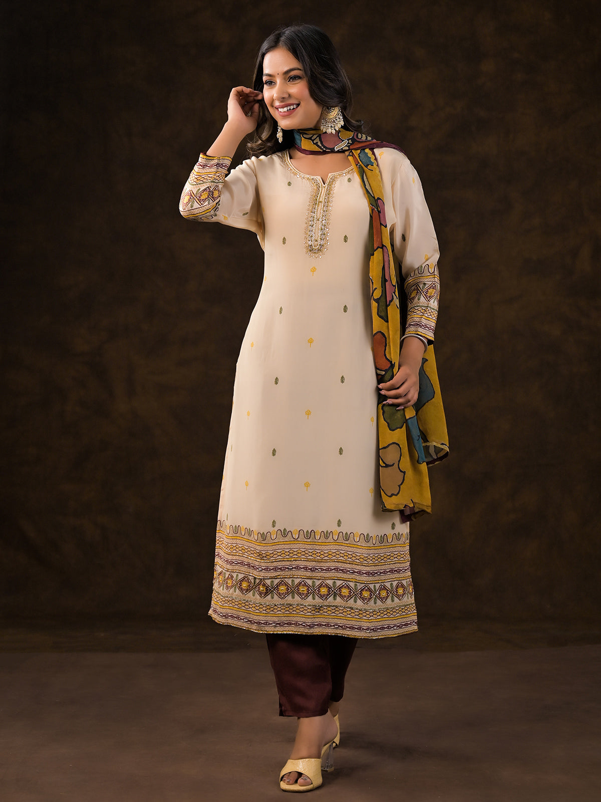Beige crepe silk printed kurti set