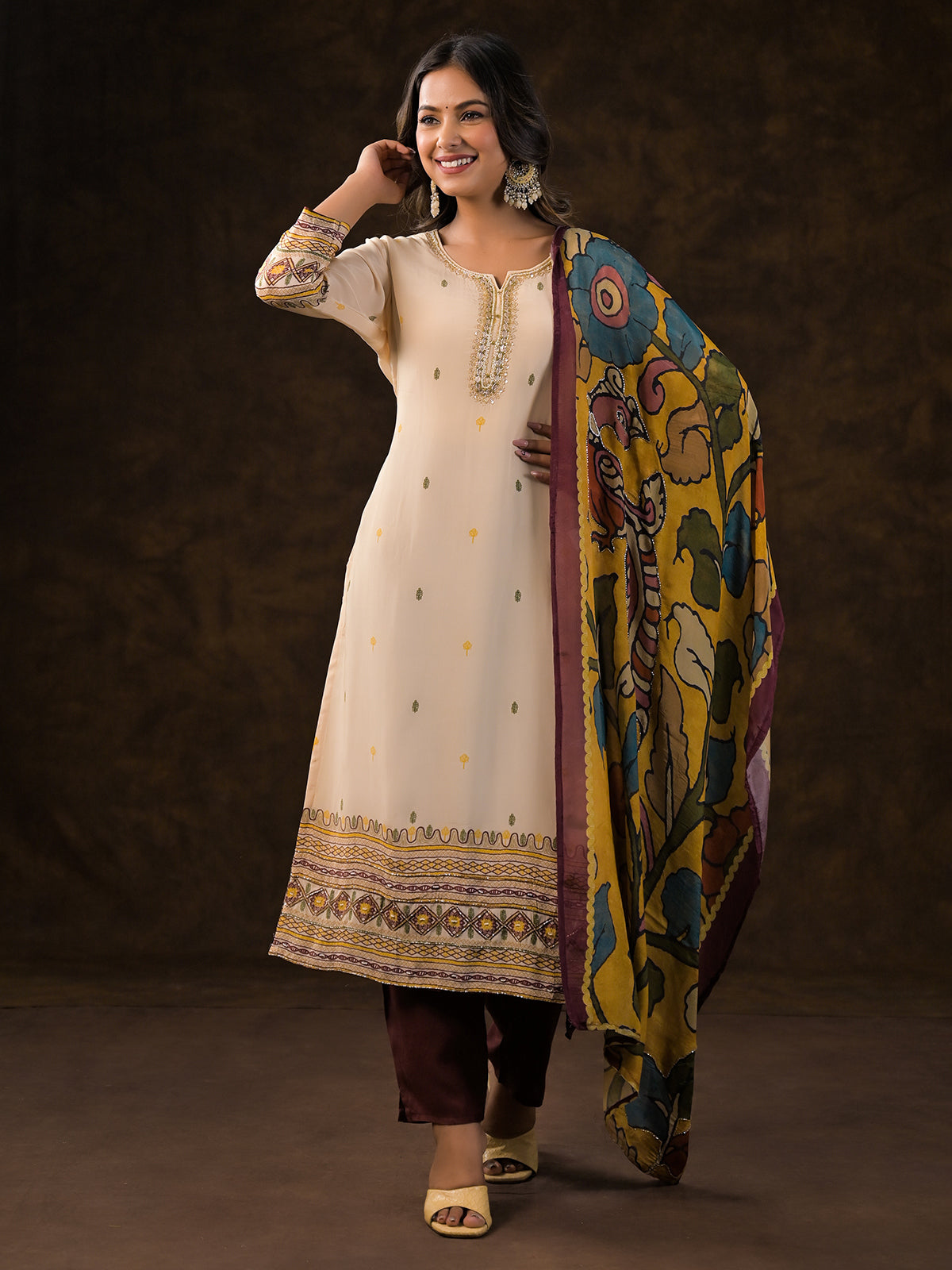 Beige crepe silk printed kurti set