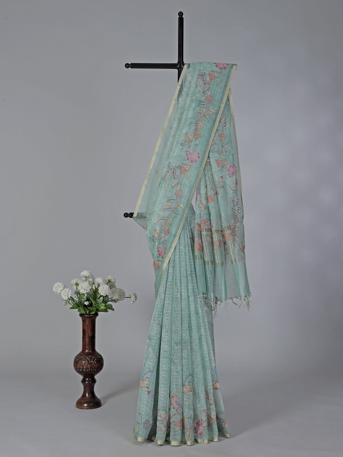 Mint green floral cotton silk saree