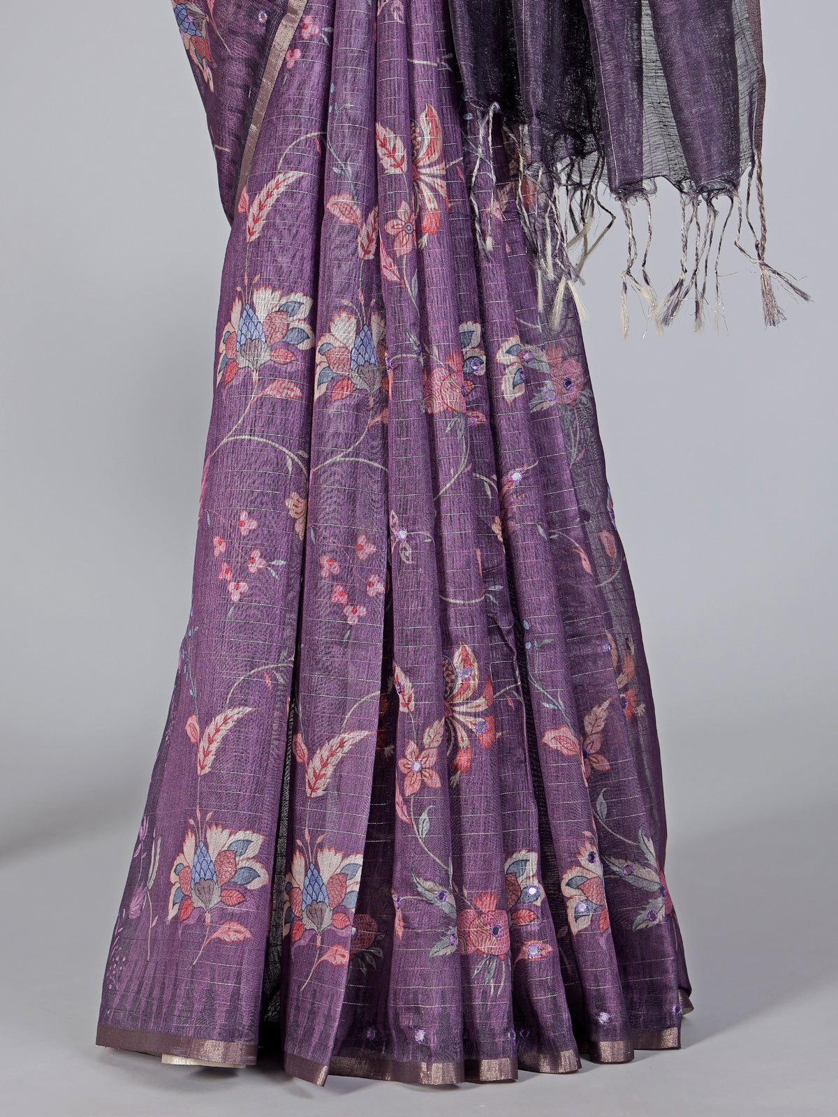 Purple floral printed mirror and zari work saree