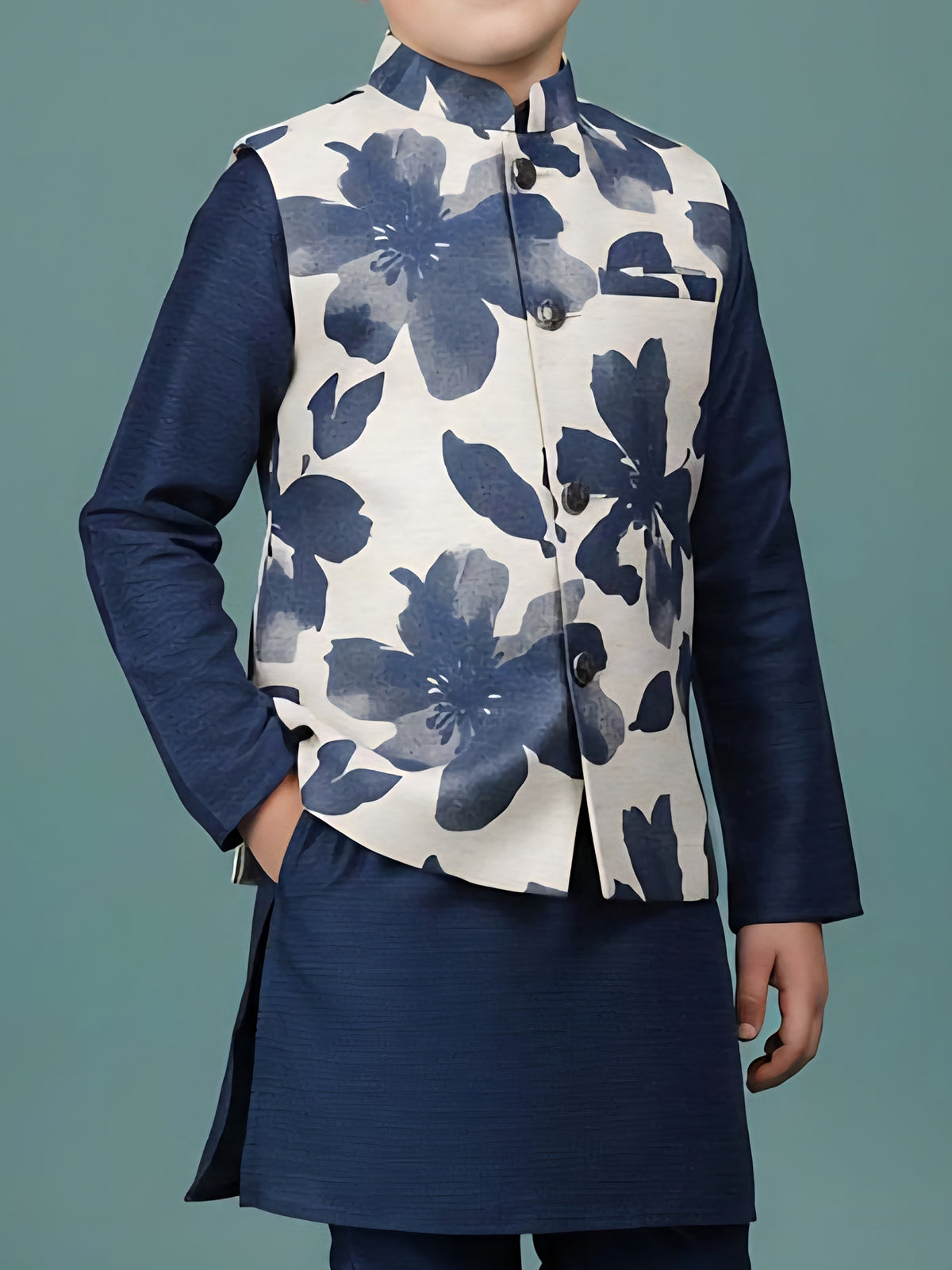 Navy floral printed cotton silk waistcoat set