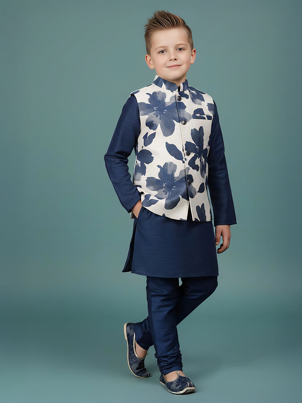 Navy floral printed cotton silk waistcoat set