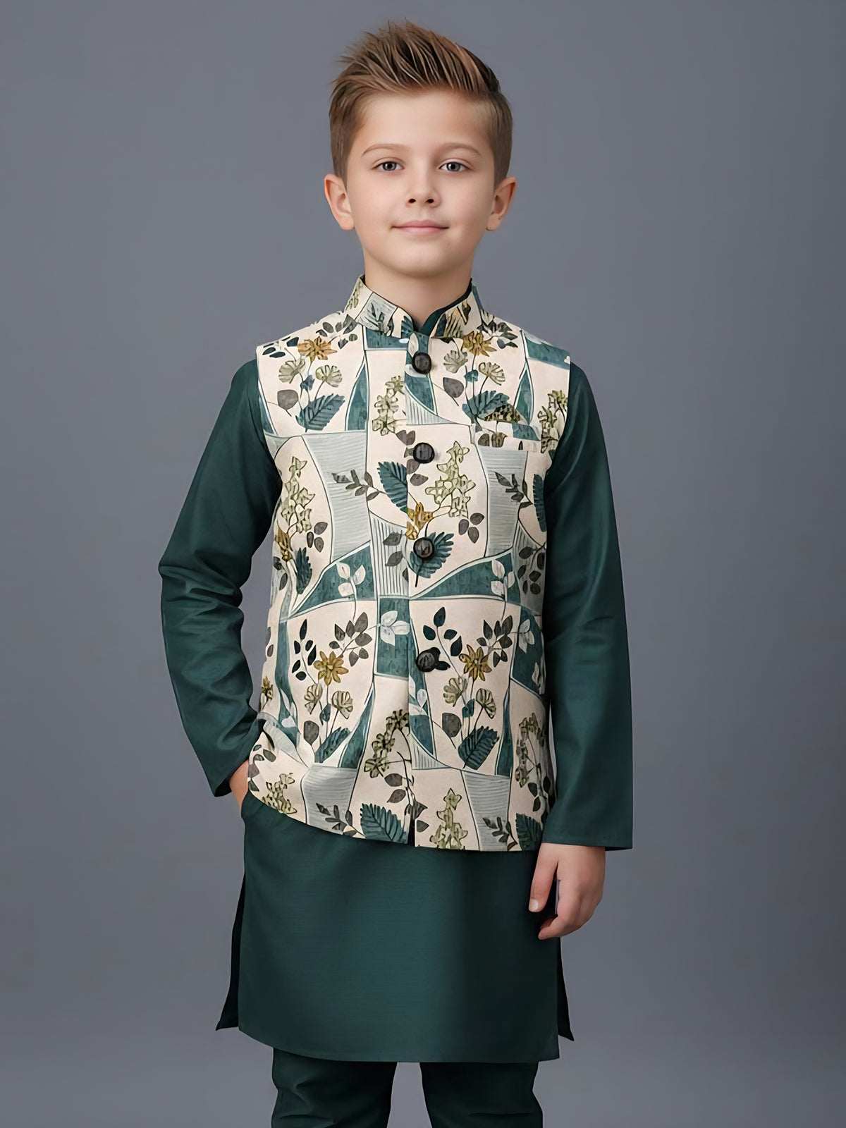 Bottle green floral printed silk blend waistcoat set