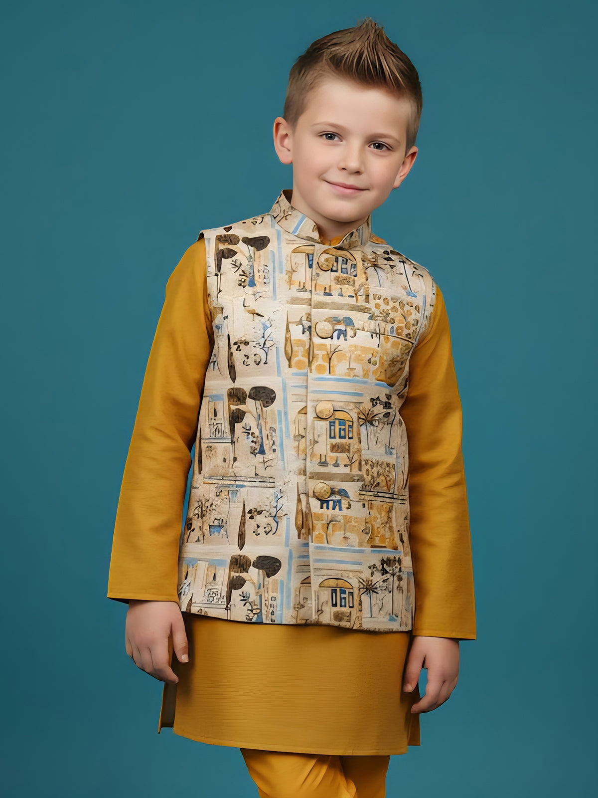 Mustard yellow semi silk waistcoat set with print