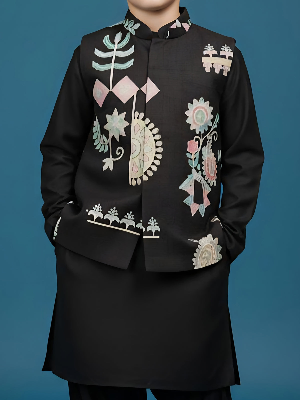 Black printed semi silk waistcoat churidar set