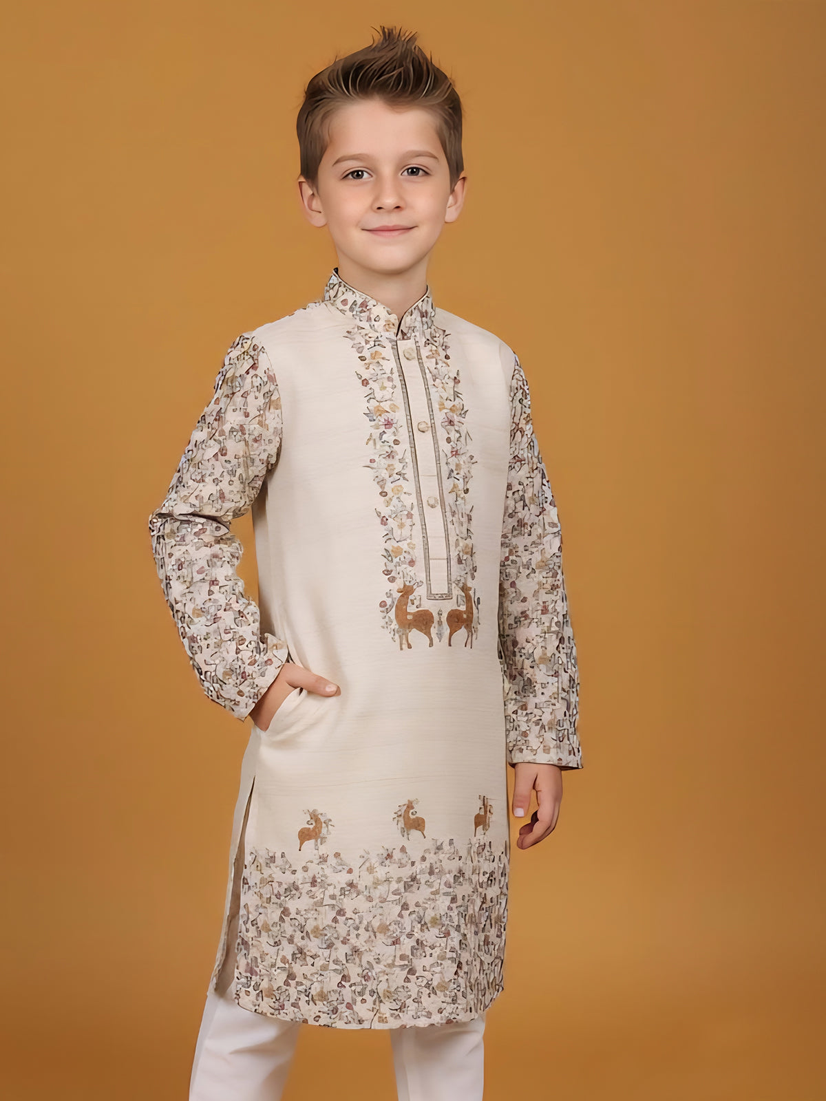 Beige printed kurta suit in cotton silk