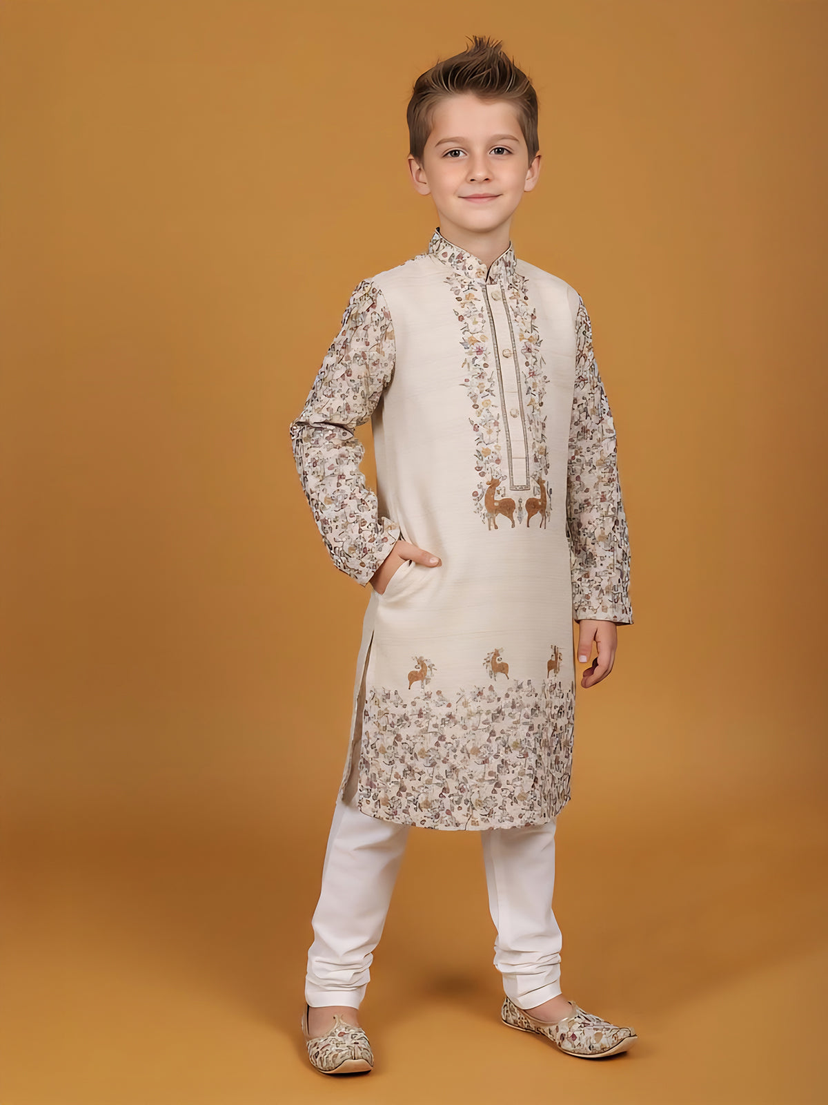 Beige printed kurta suit in cotton silk