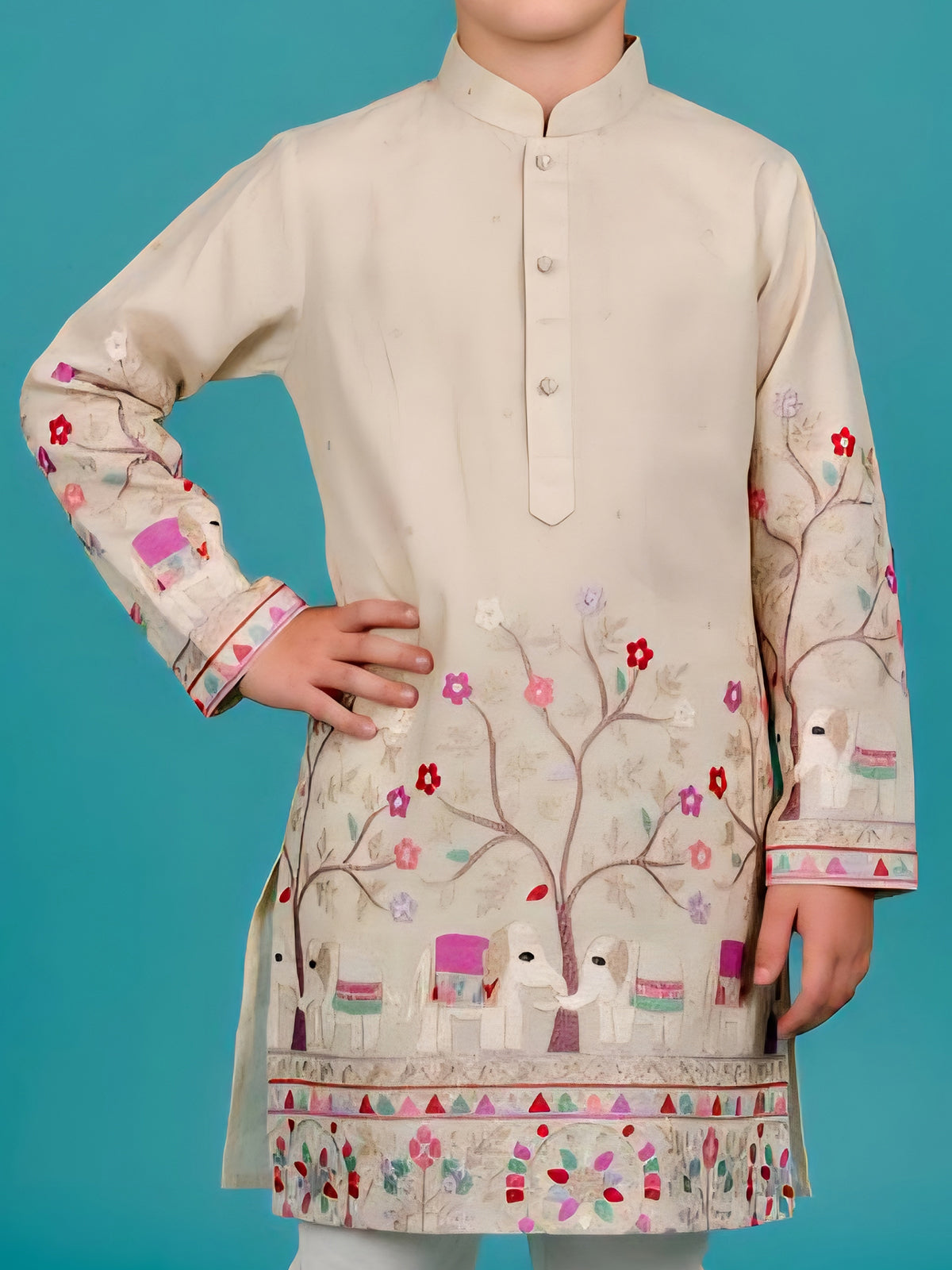 Beige printed silk blend kurta churidar suit