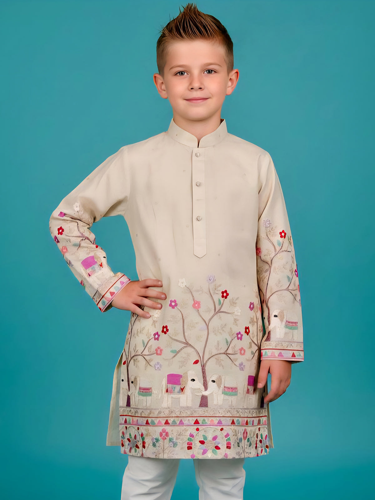 Beige printed silk blend kurta churidar suit