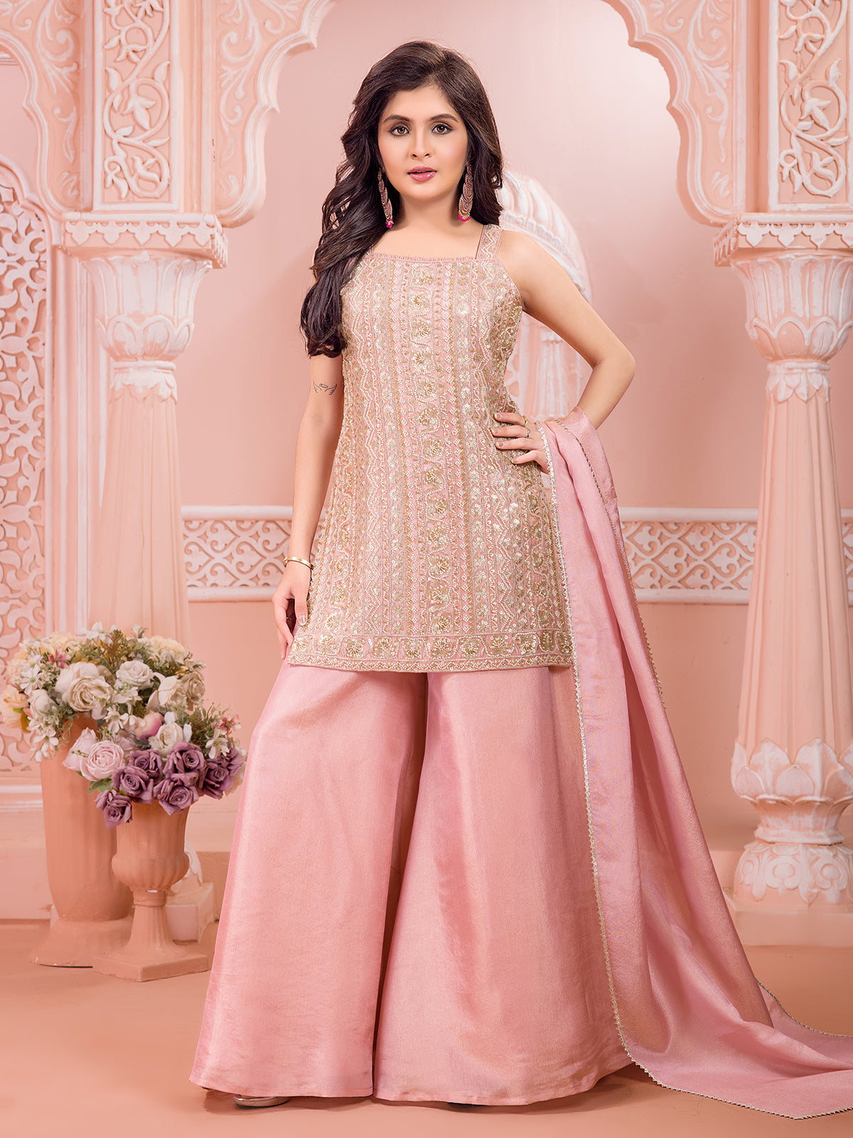 Peach silk embellished palazzo suit for wedding wear