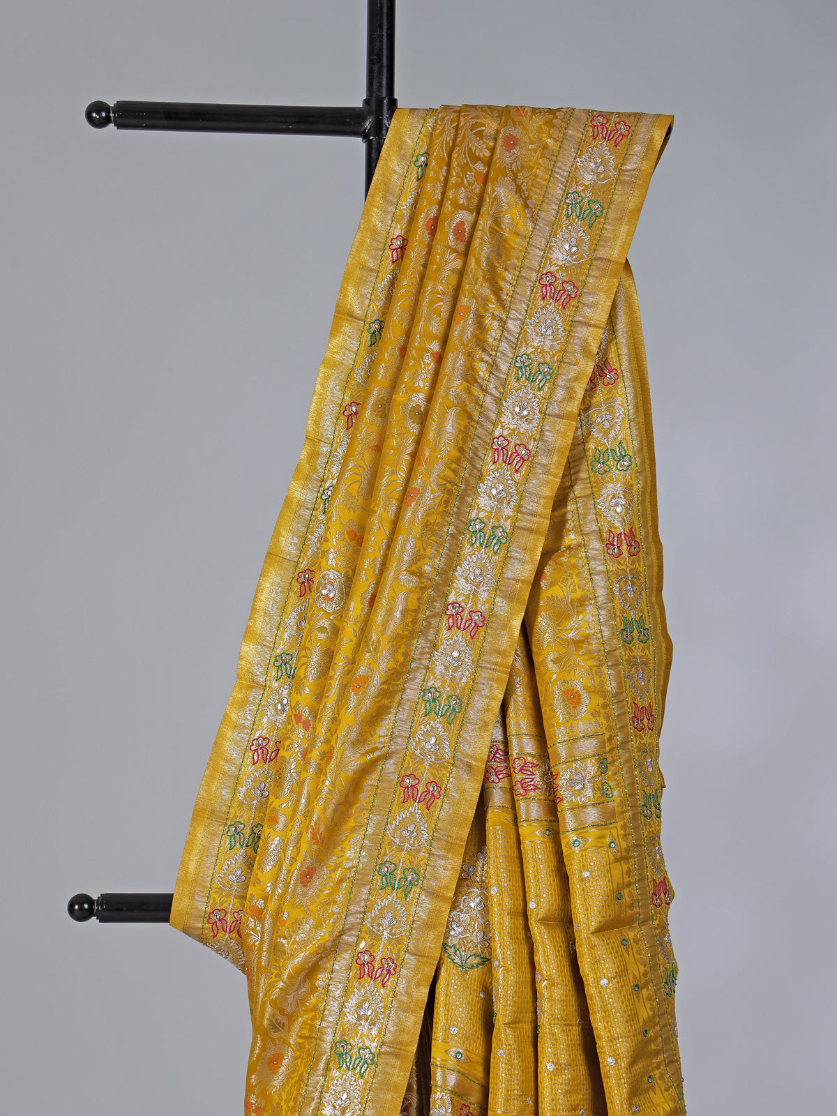 Mustard yellow festive saree in semi silk