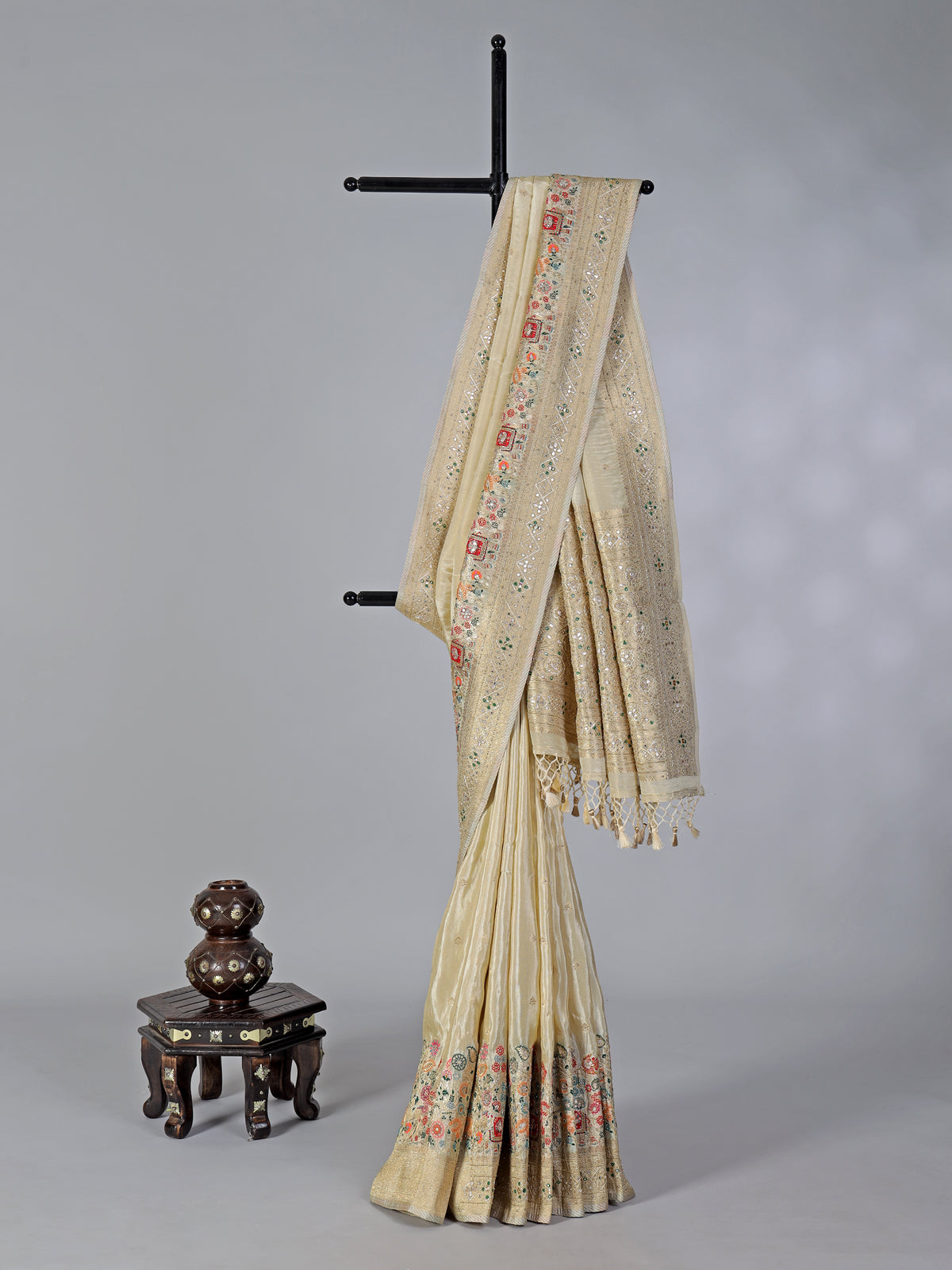 Cream dola silk festive embellished saree