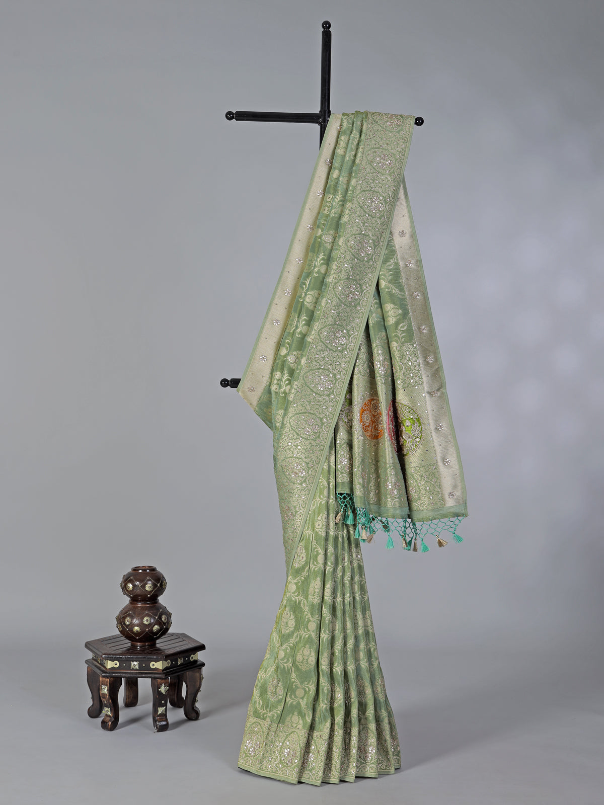 Pista green shimmer dola silk saree