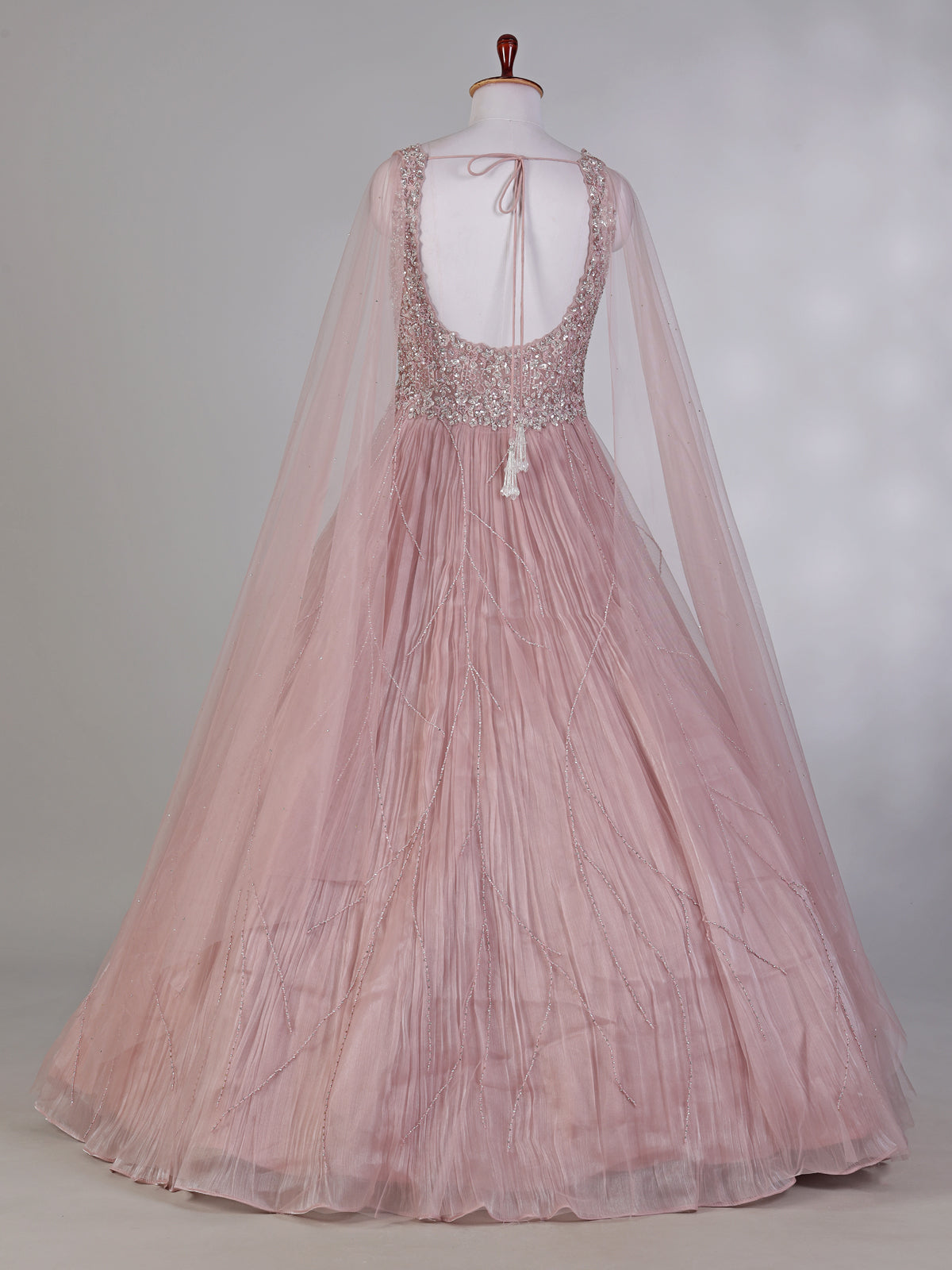 Onion pink net designer gown with diamond work