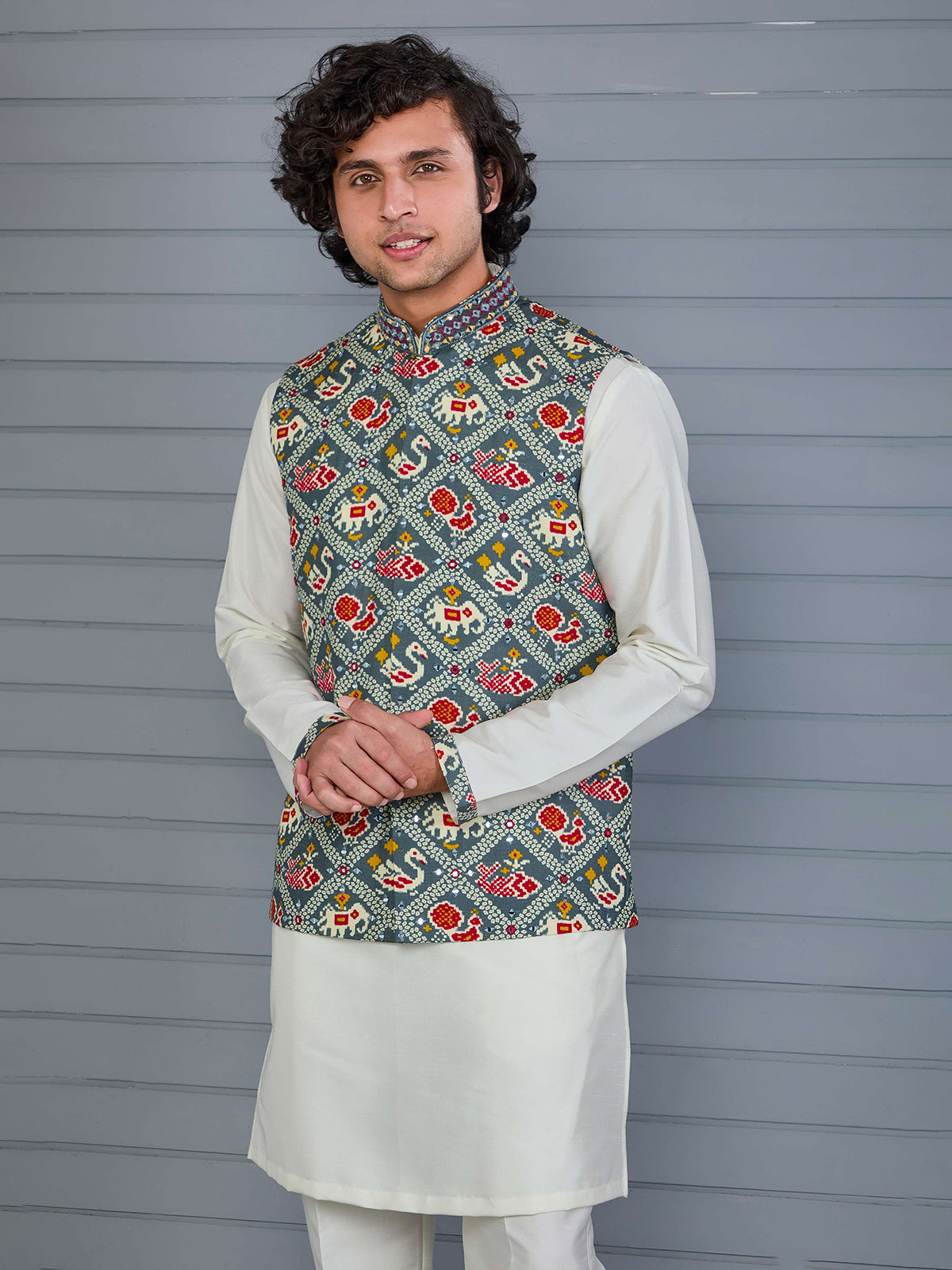 Grey off white bandhej printed viscose silk waistcoat set