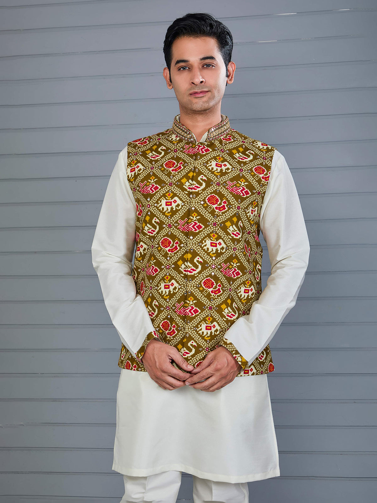 Mehendi green bandhej printed viscose silk waistcoat set