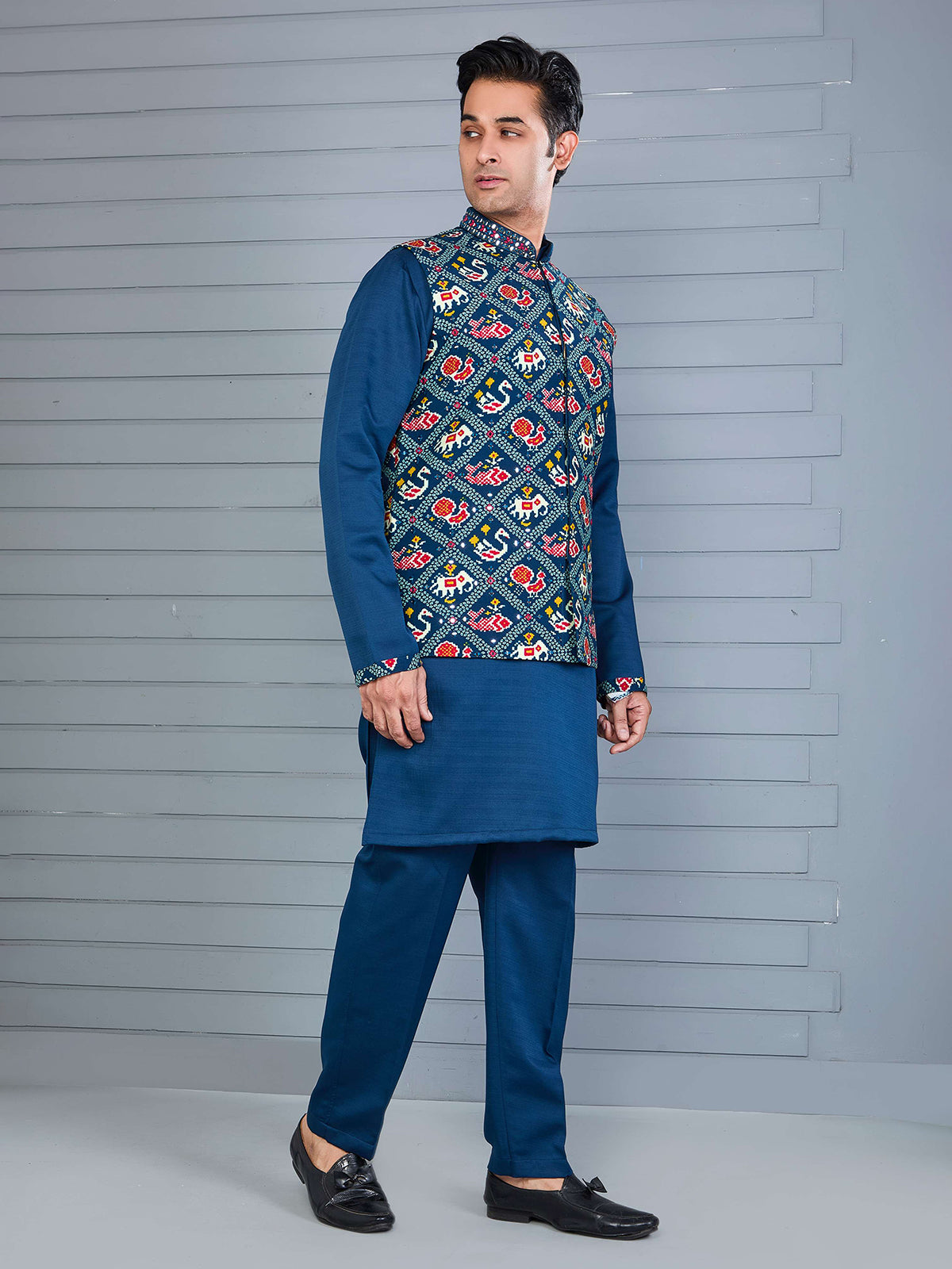 Rama blue bandhej printed viscose silk waistcoat set