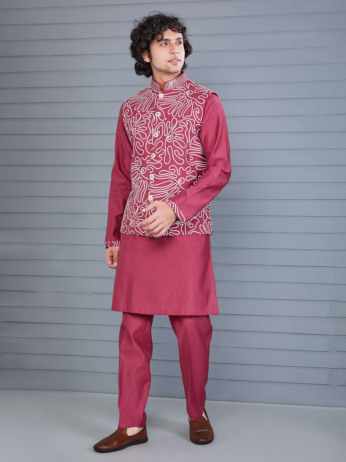 Onion pink silk aabla work waistcoat set