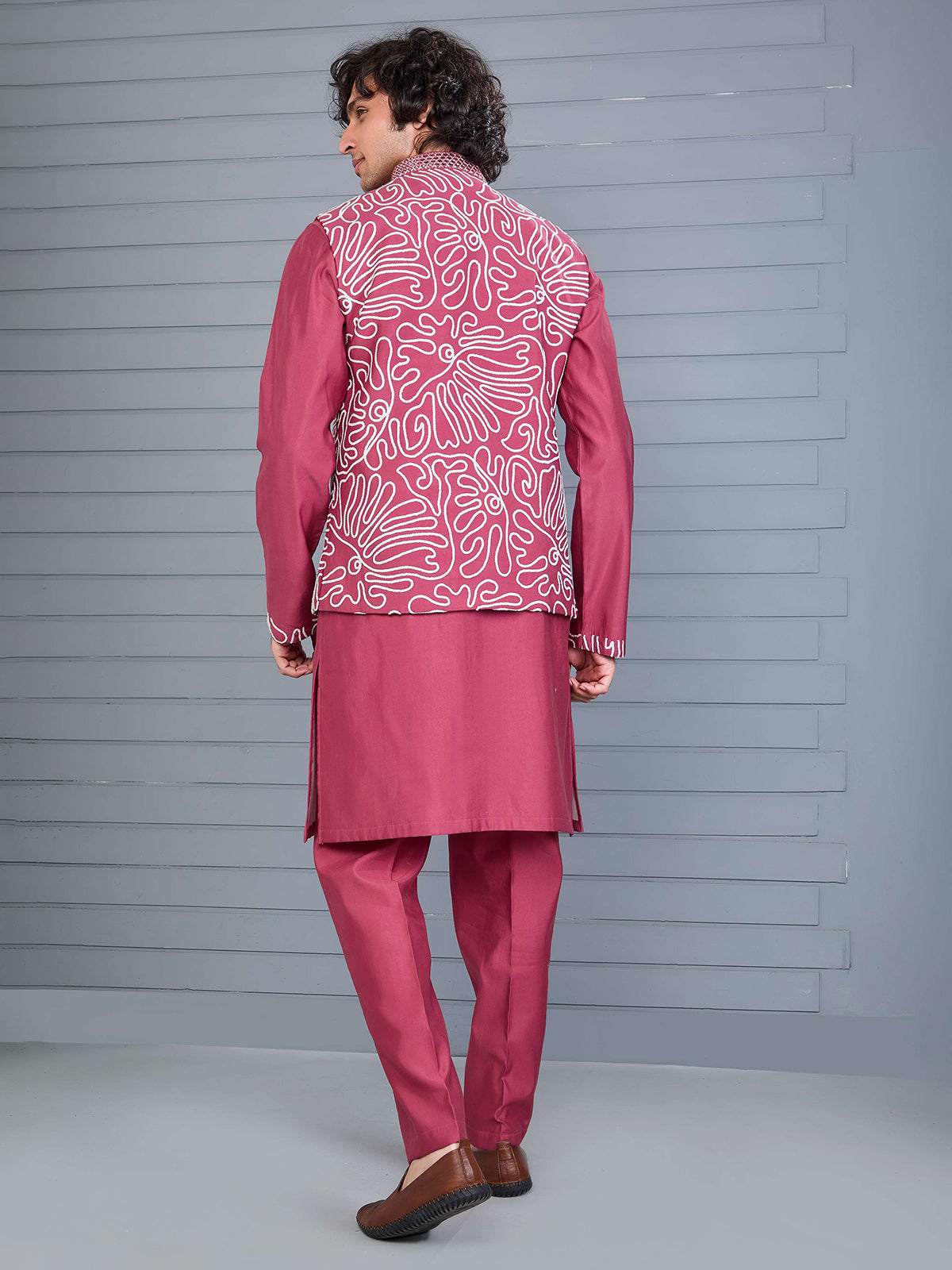 Onion pink silk aabla work waistcoat set