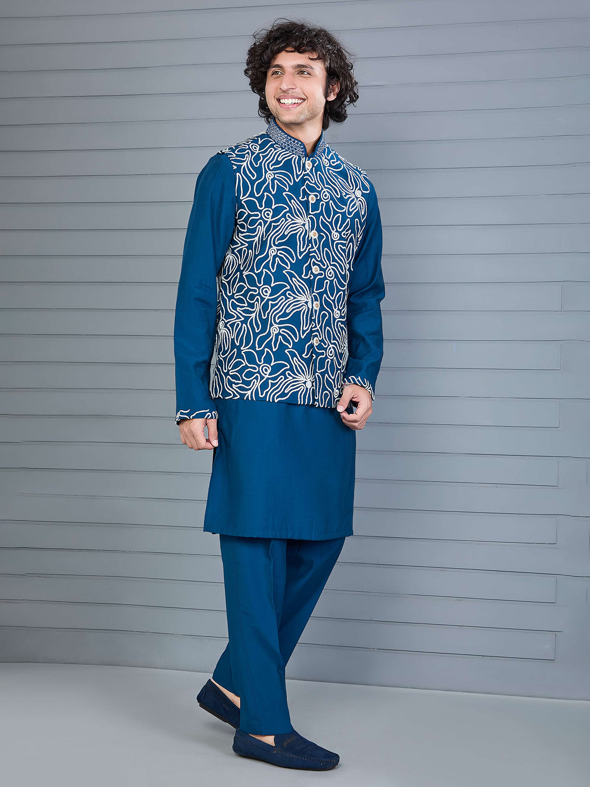 Rama blue silk waistcoat set for festival wear