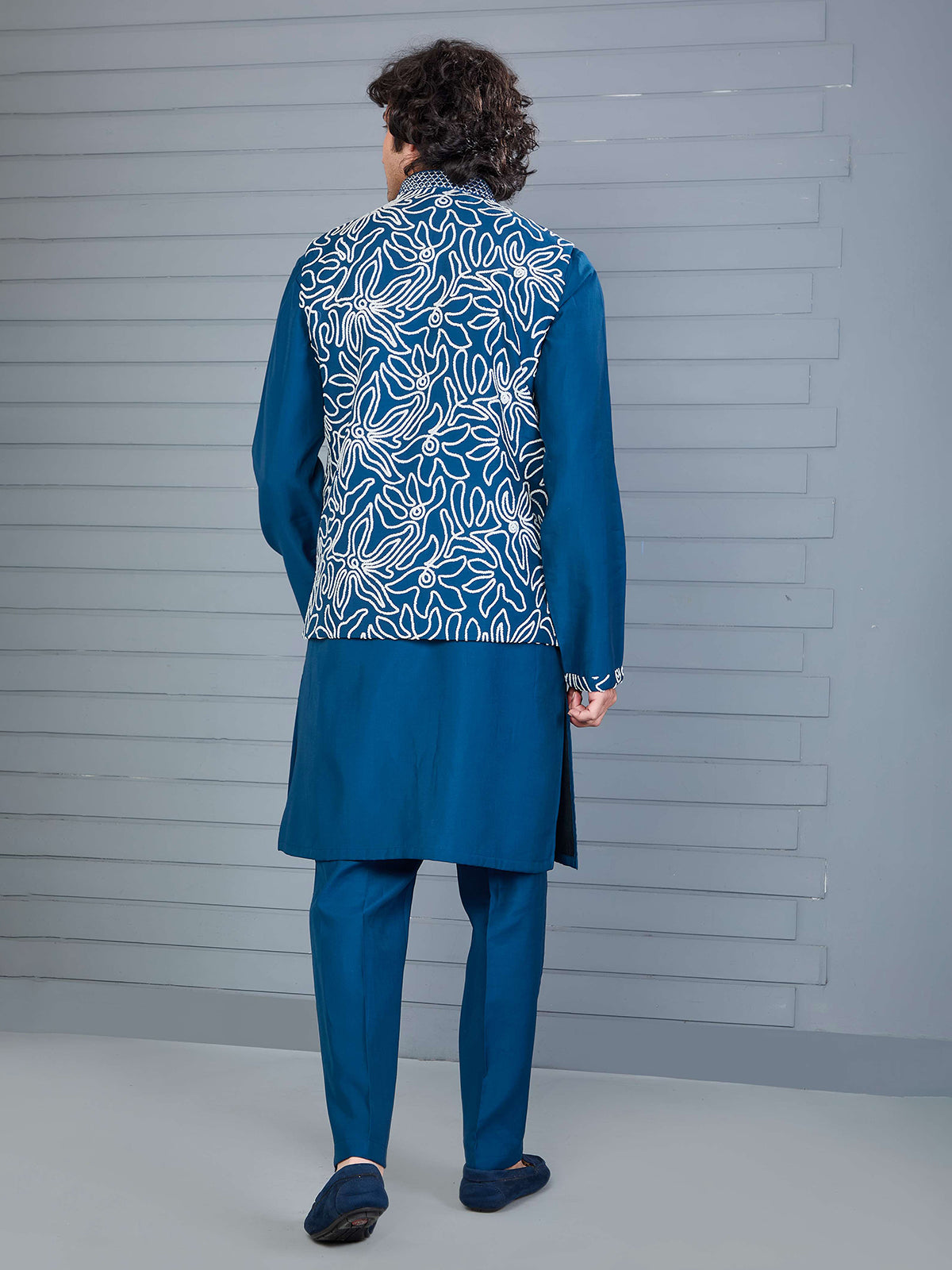 Rama blue silk waistcoat set for festival wear