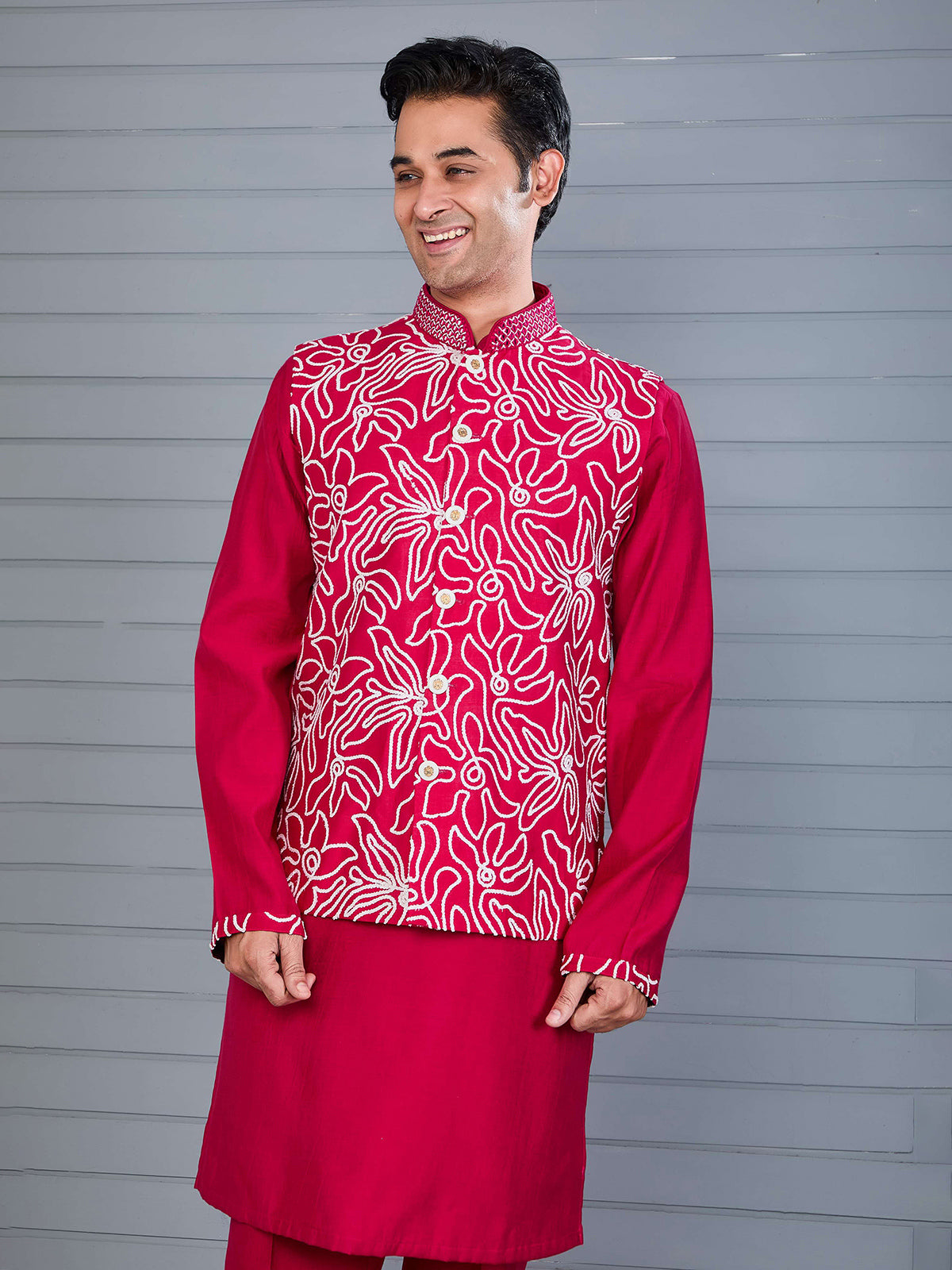 Magenta silk aabla and thread work waistcoat set
