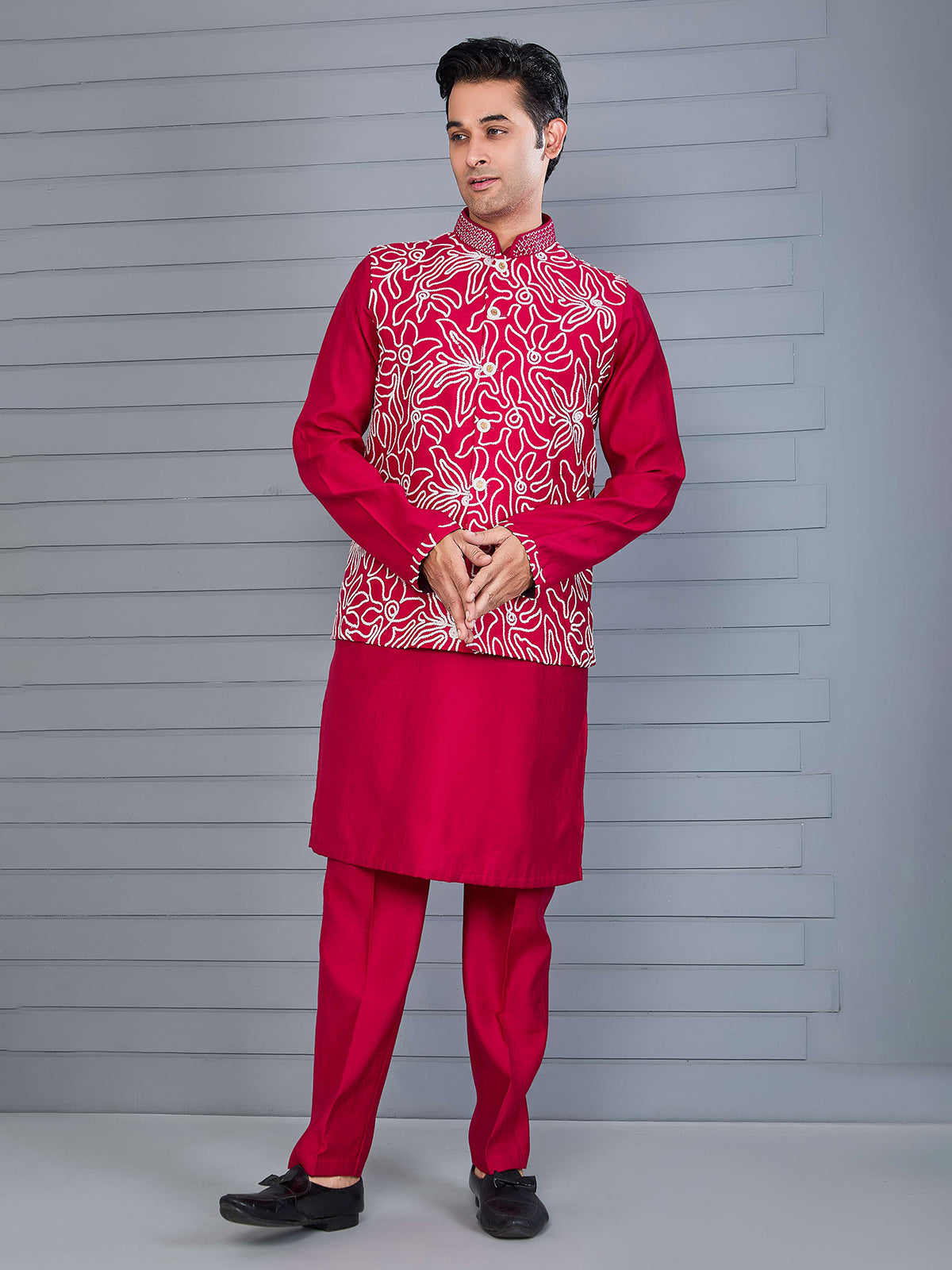 Magenta silk aabla and thread work waistcoat set
