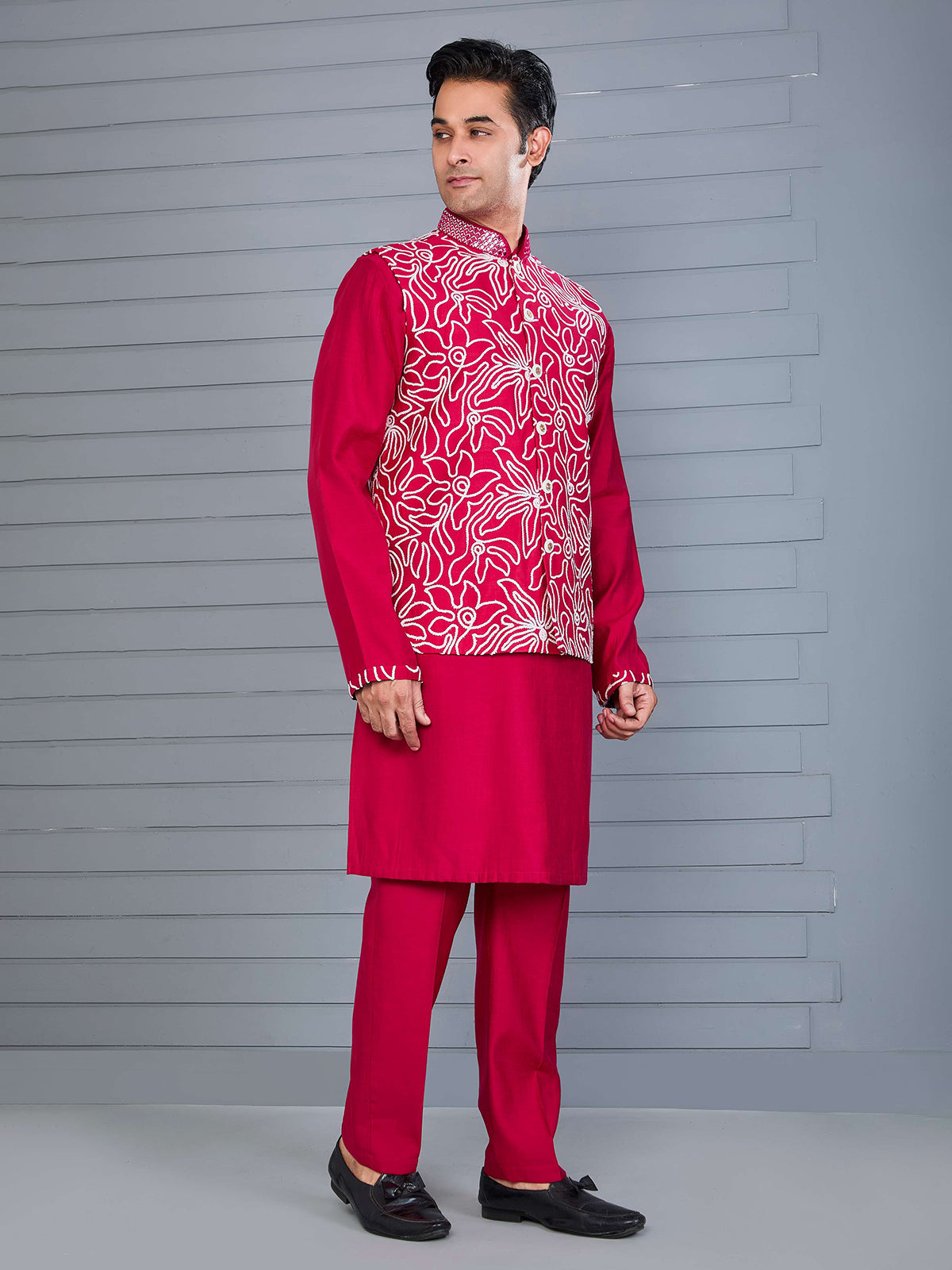 Magenta silk aabla and thread work waistcoat set