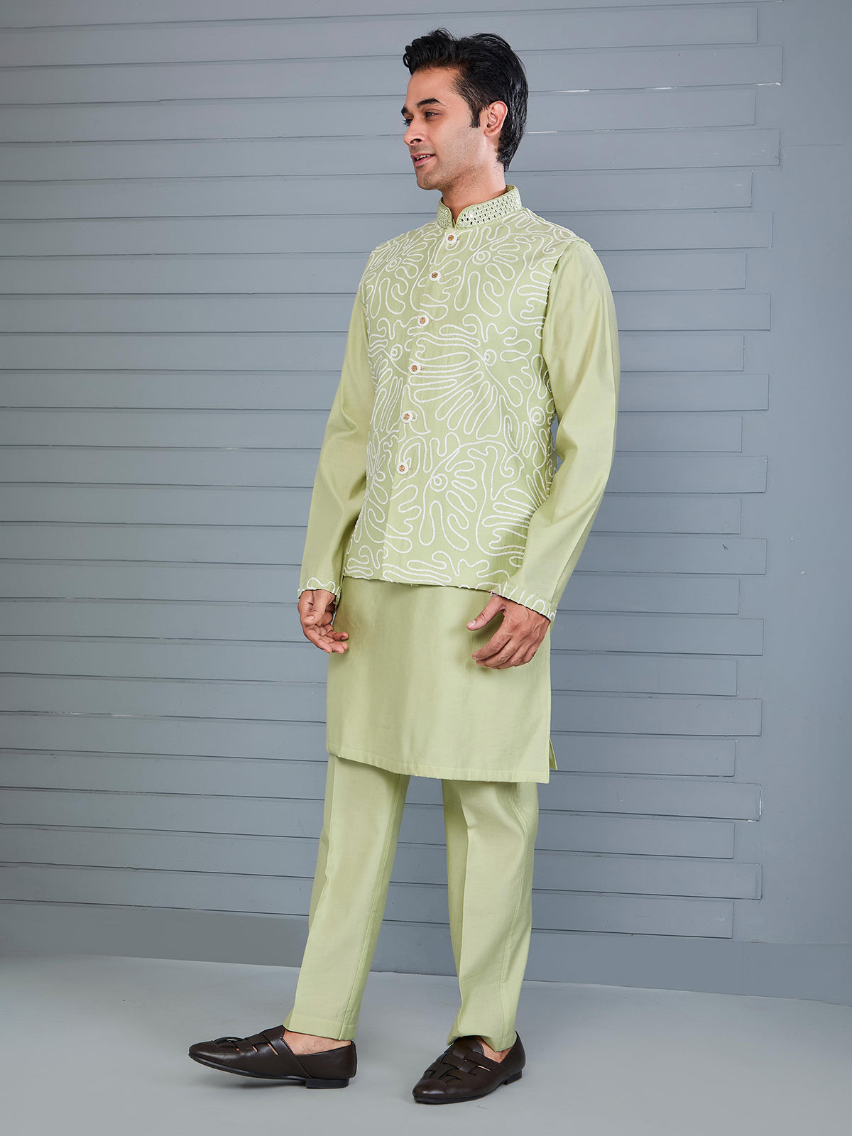 Pista green silk waistcoat set for festive