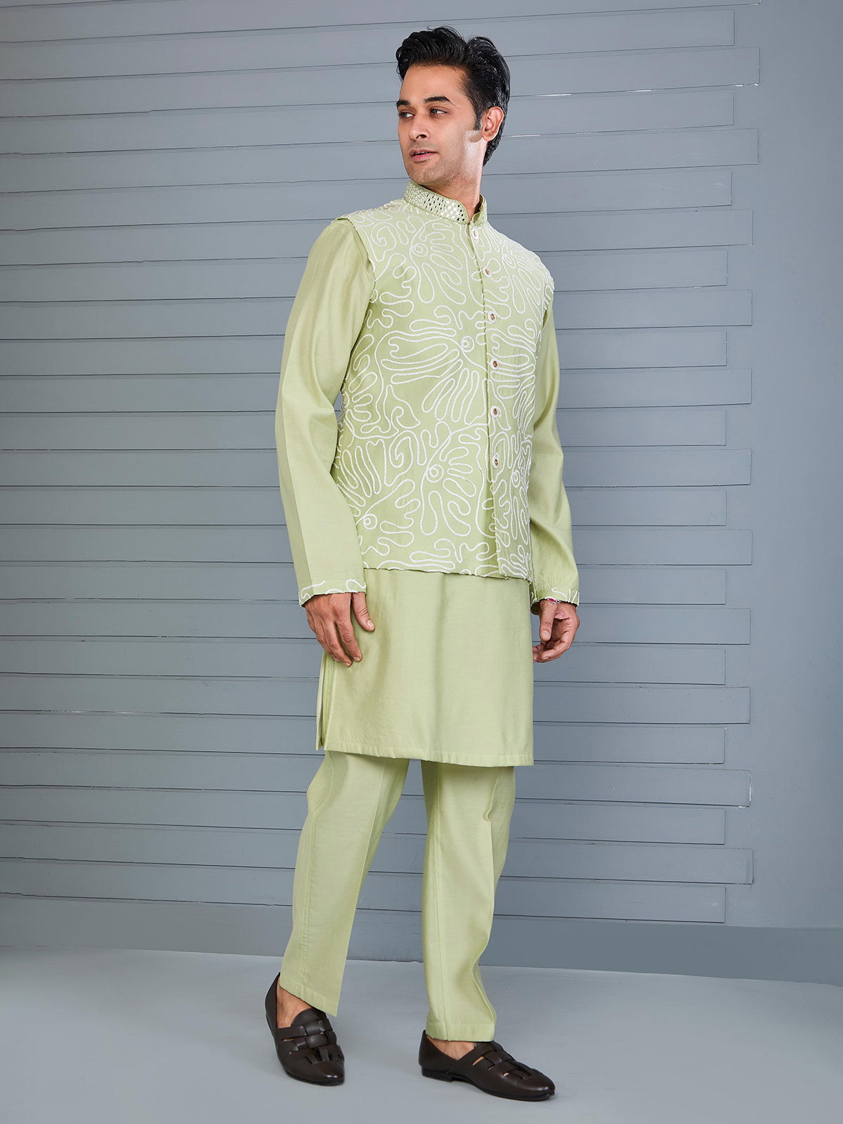 Pista green silk waistcoat set for festive