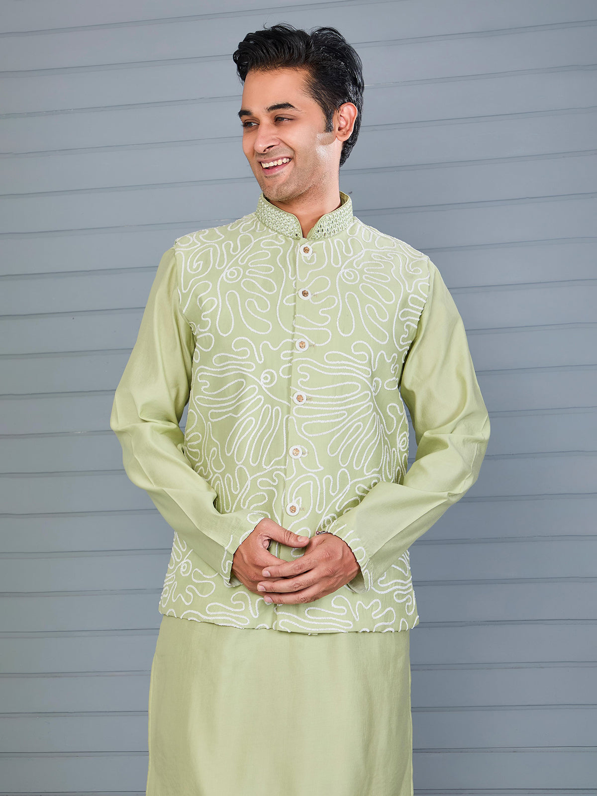 Pista green silk waistcoat set for festive