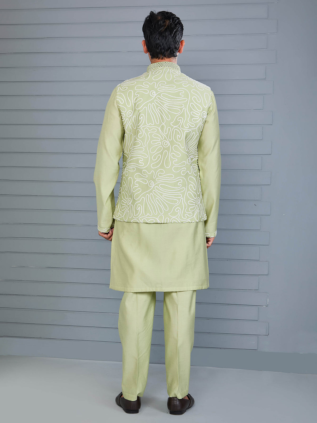 Pista green silk waistcoat set for festive