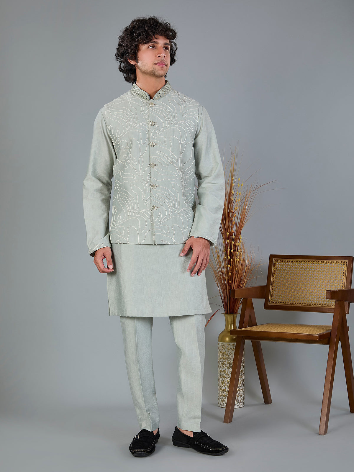 Light sage green silk waistcoat set