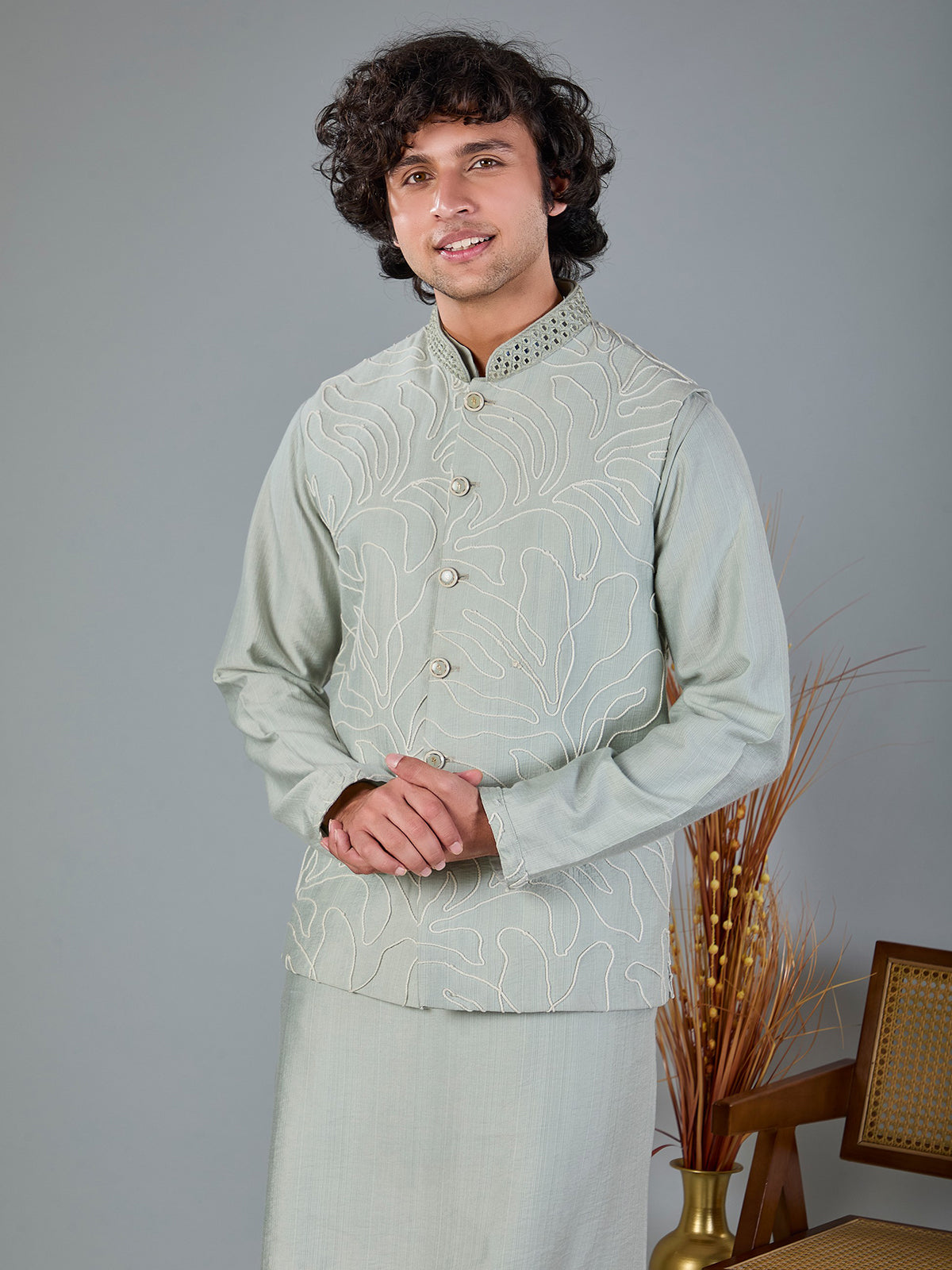 Light sage green silk waistcoat set
