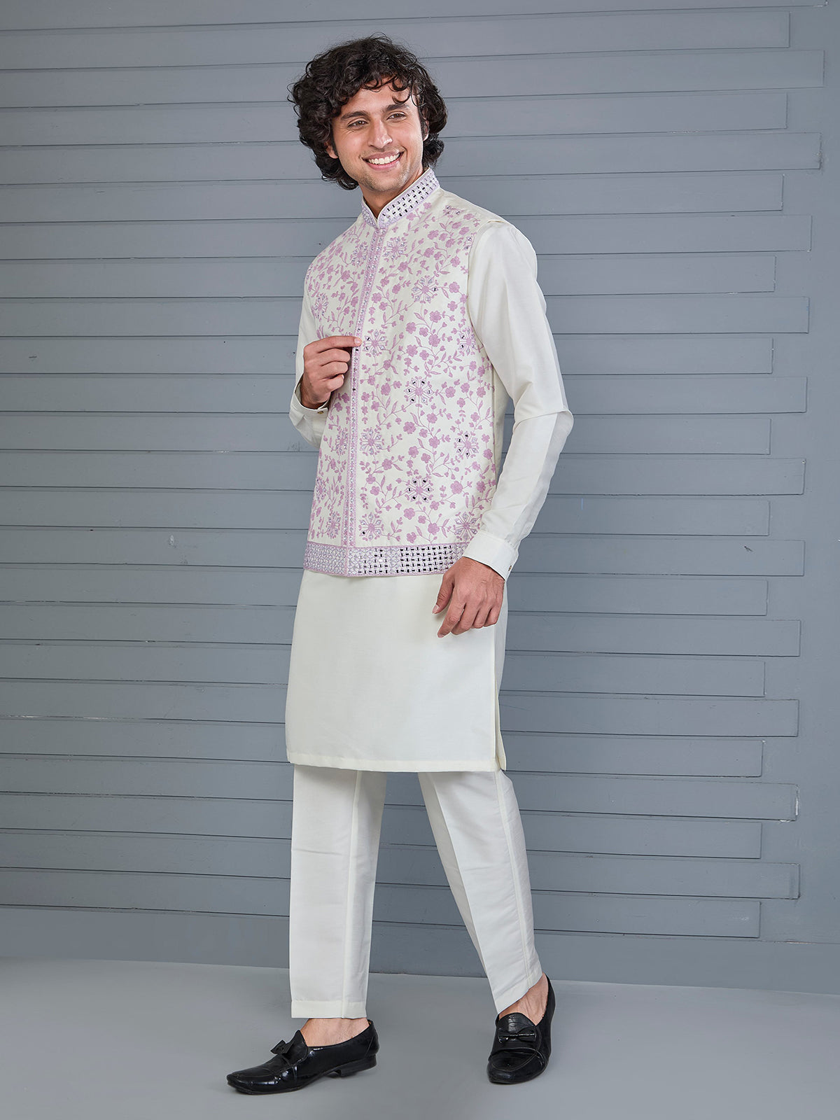 Pink off and white silk embroidered waistcoat set