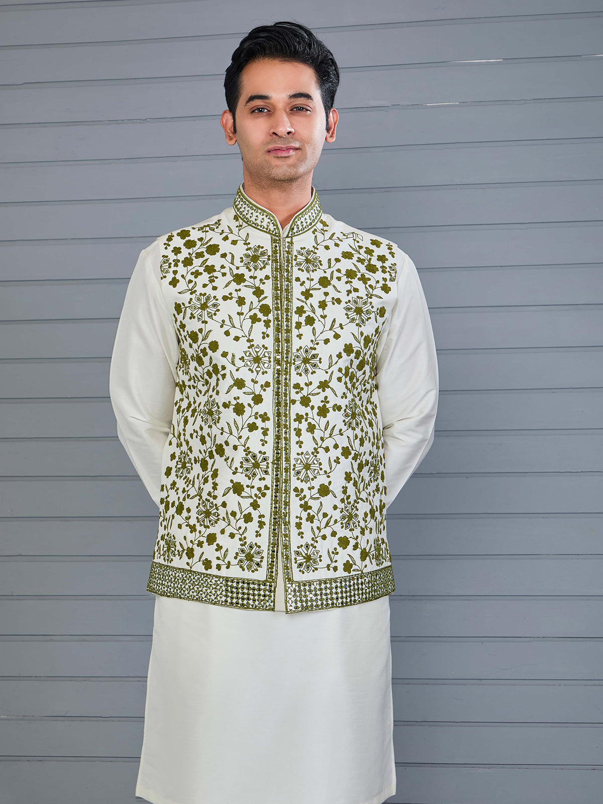 Mehendi green and off white silk waistcoat set